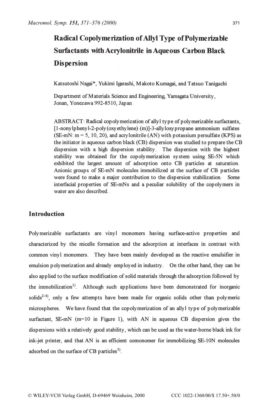 Radical copolymerization of allyl type of polymerizable surfactants with acrylonitrile in aqueous carbon black dispersion by SOD