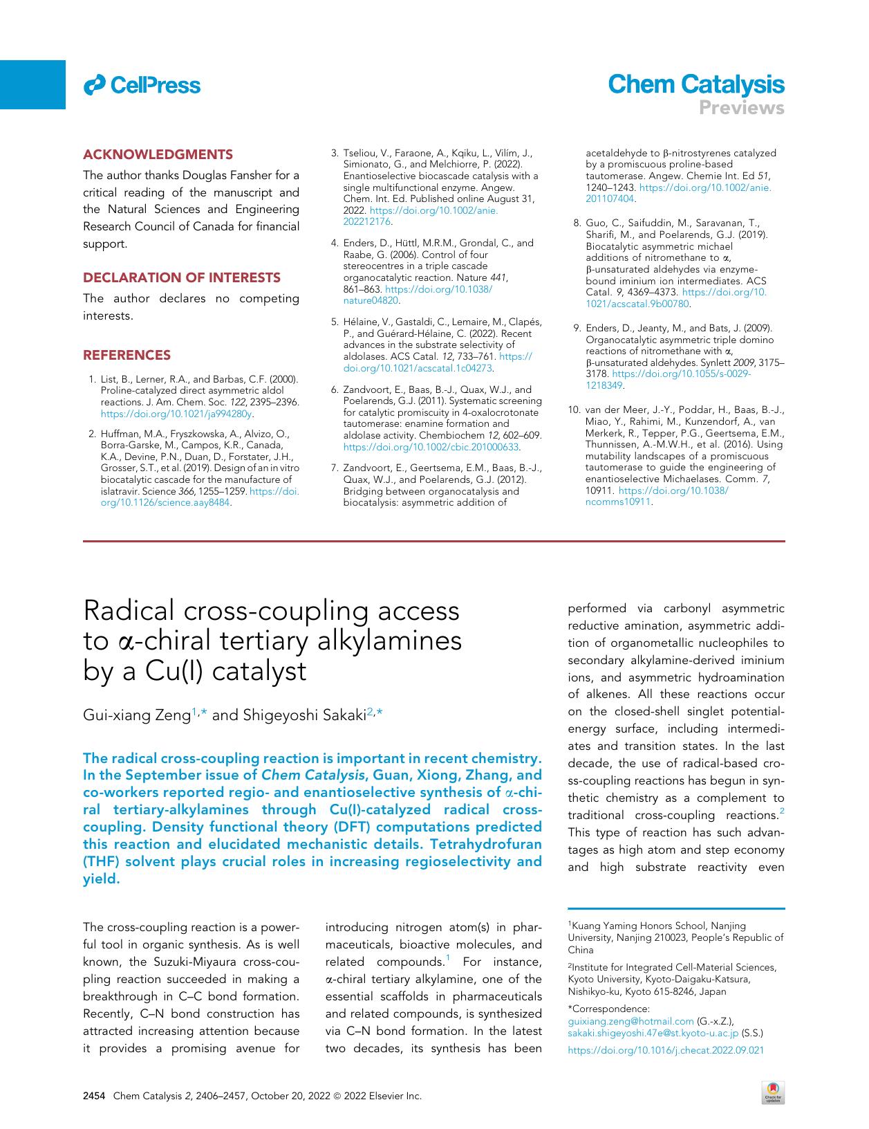 Radical cross-coupling access to &alpha;-chiral tertiary alkylamines by a Cu(I) catalyst by Gui-xiang Zeng & Shigeyoshi Sakaki