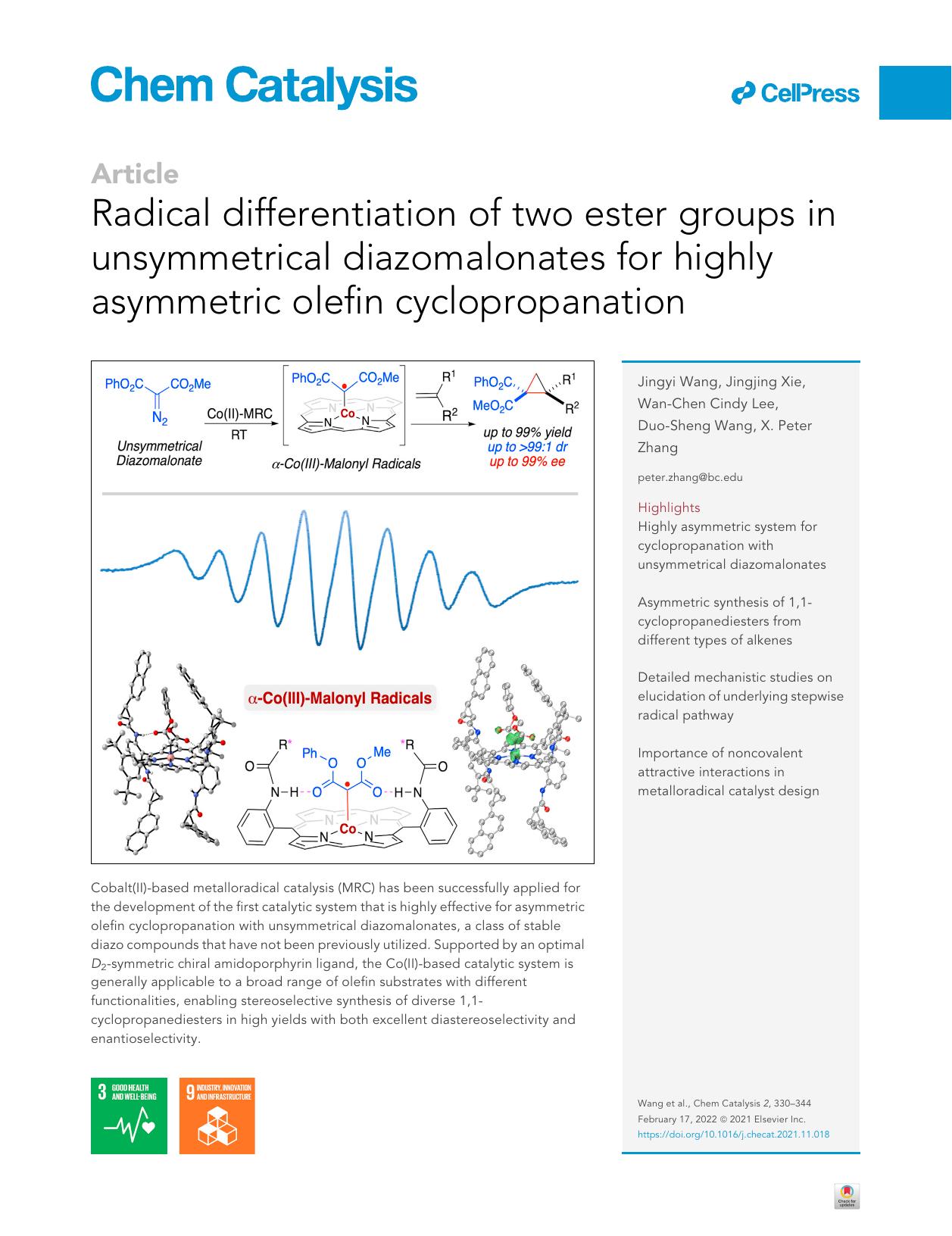 Radical differentiation of two ester groups in unsymmetrical diazomalonates for highly asymmetric olefin cyclopropanation by Jingyi Wang & Jingjing Xie & Wan-Chen Cindy Lee & Duo-Sheng Wang & X. Peter Zhang