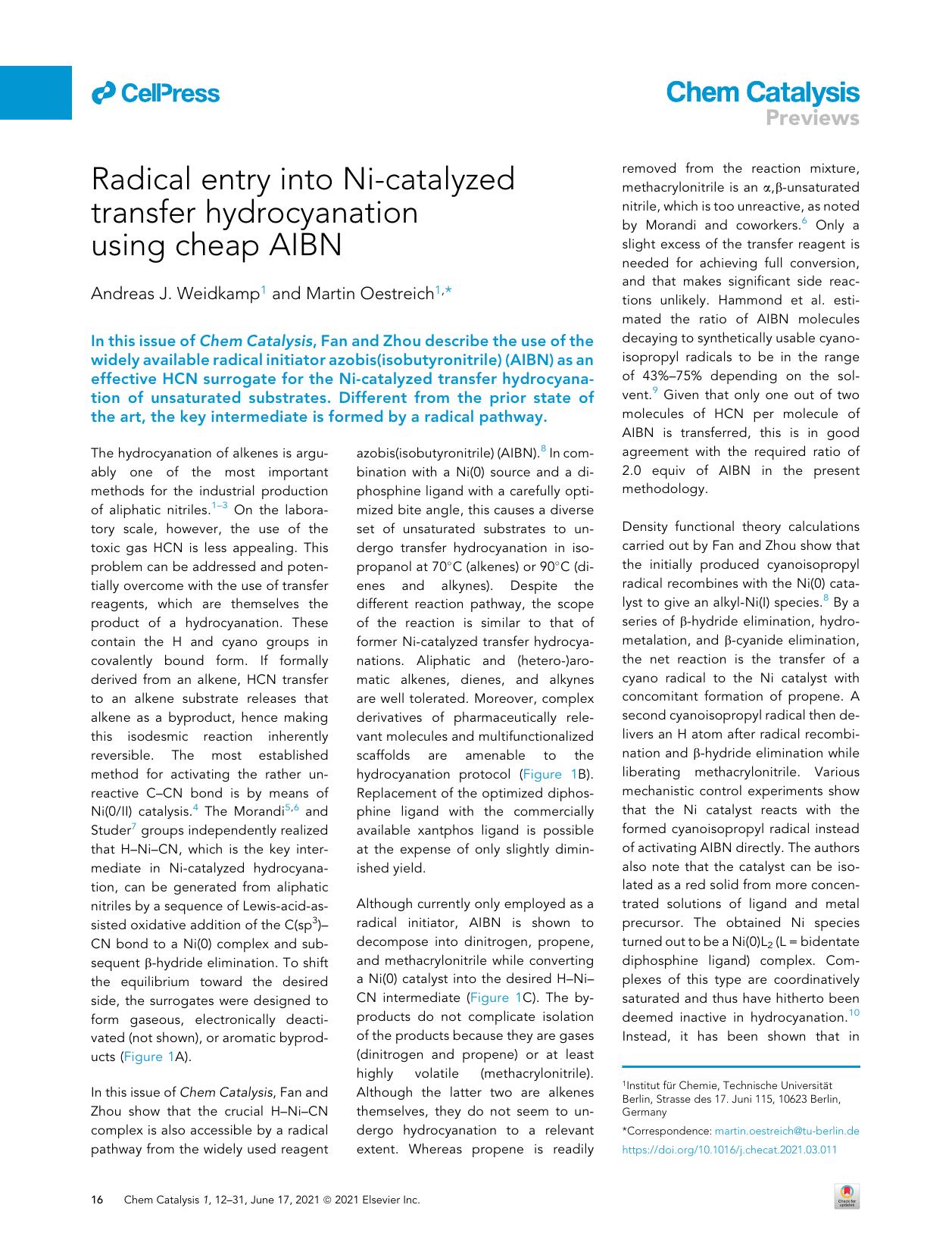 Radical entry into Ni-catalyzed transfer hydrocyanation using cheap AIBN by Andreas J. Weidkamp & Martin Oestreich