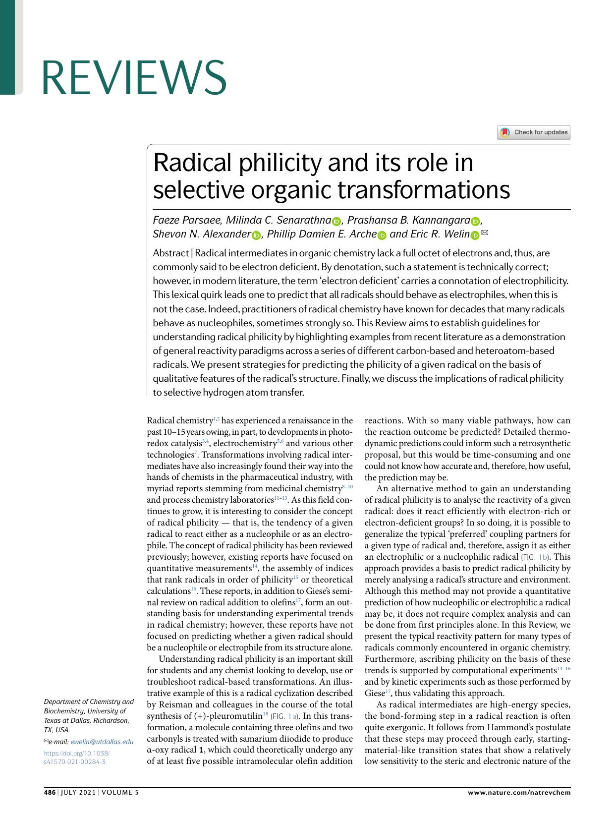 Radical philicity and its role in selective organic transformations by unknow