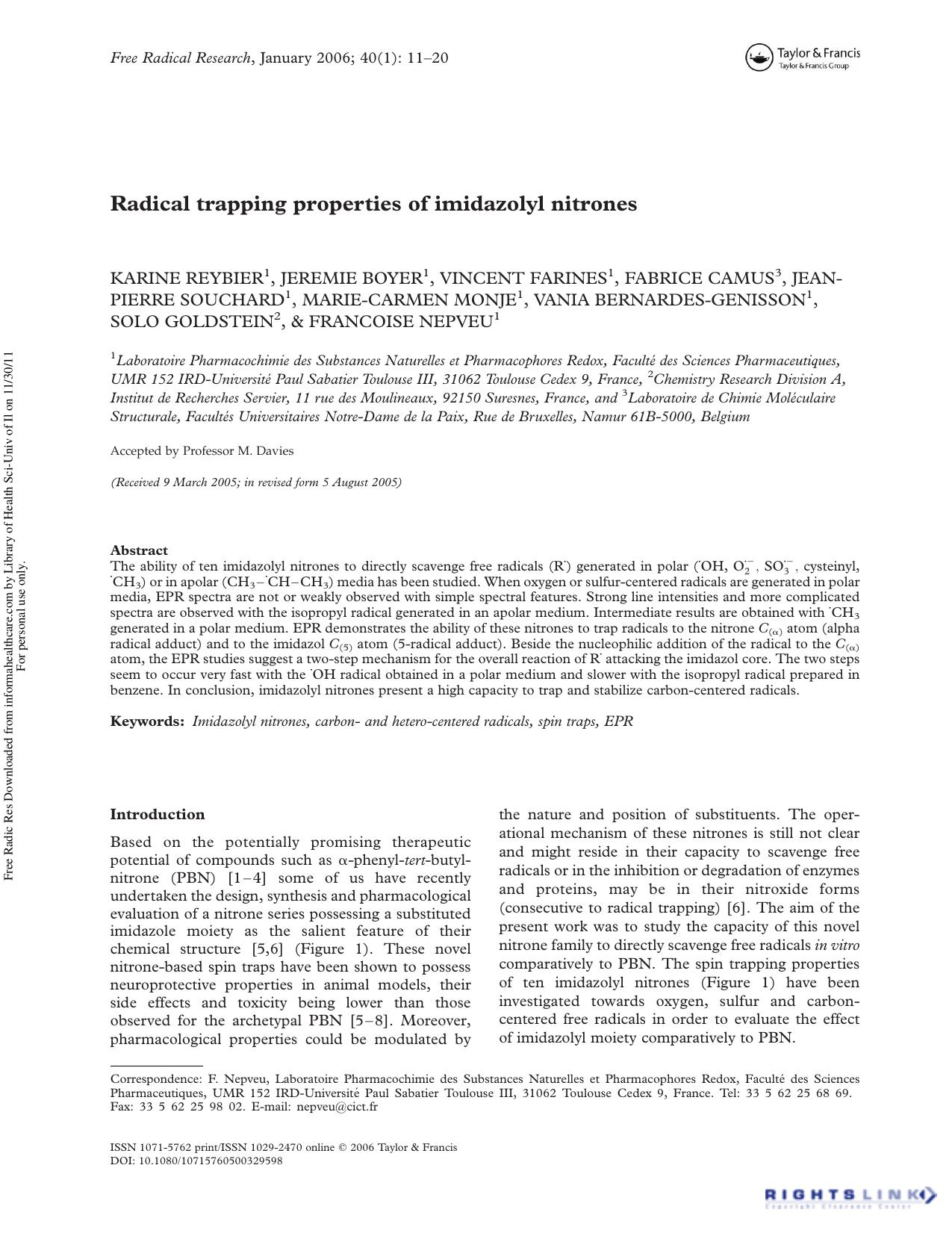 Radical trapping properties of imidazolyl nitrones by unknow