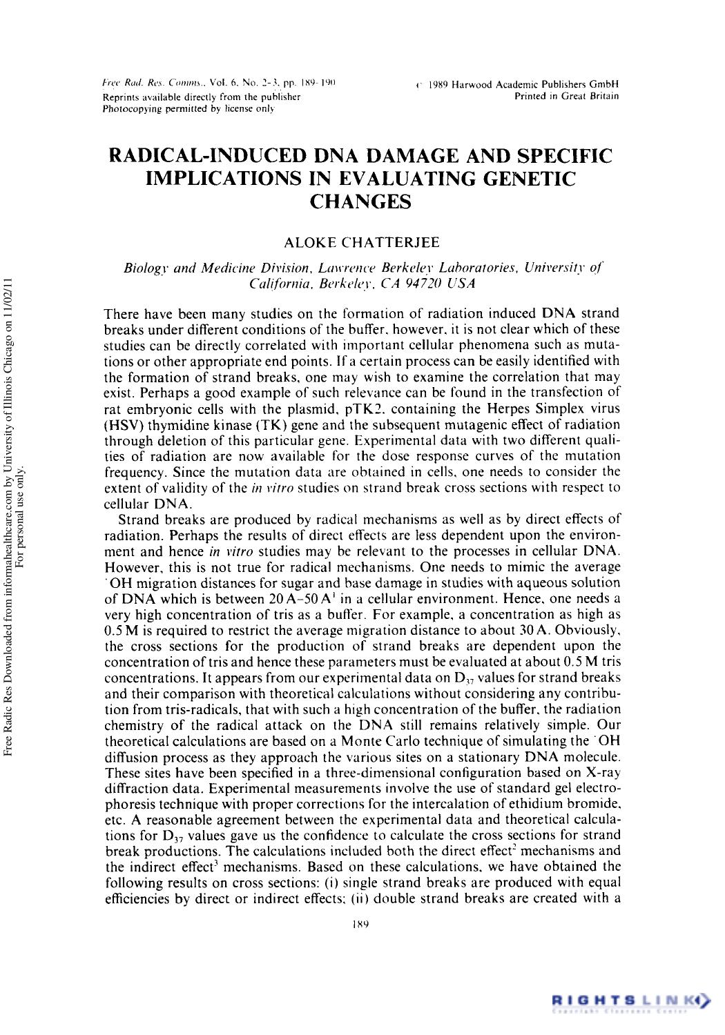 Radical-Induced DNA Damage and Specific Implications in Evaluating Genetic Changes by Aloke Chatterjee