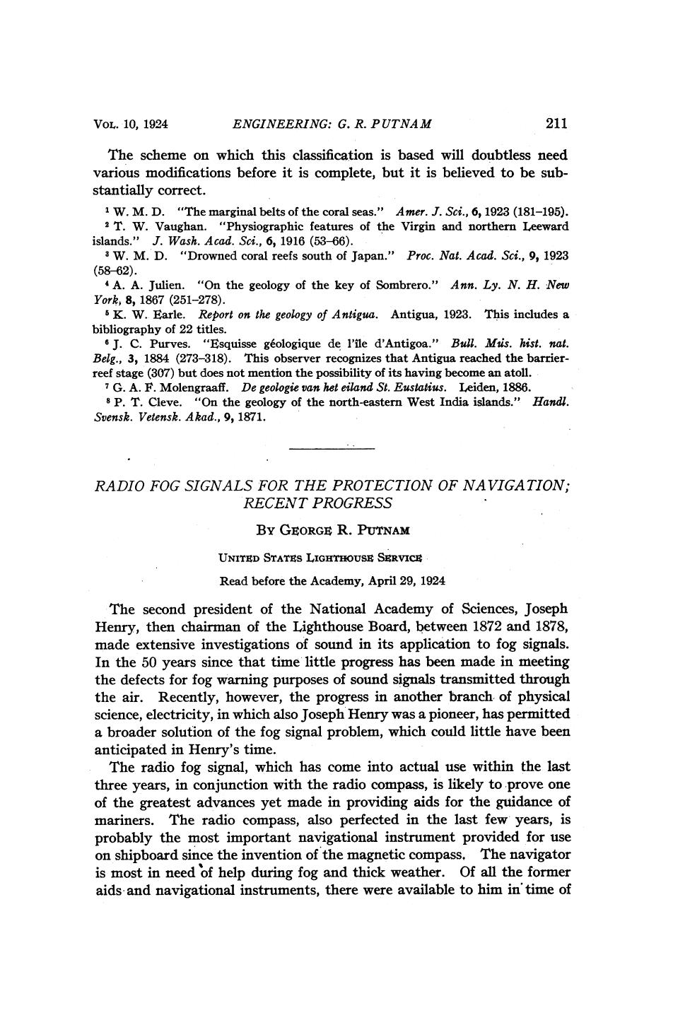 Radio Fog Signals for the Protection of Navigation; Recent Progress by Putnam G. R