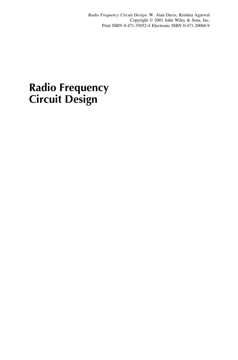 Radio Frequency Circuit Design by W. Alan Davis Krishna Agarwal