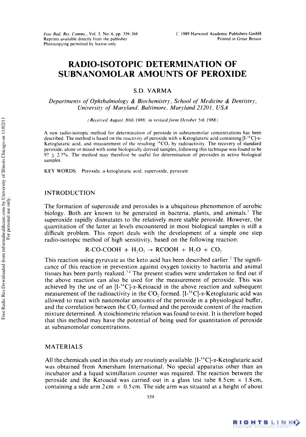 Radio-Isotopic Determination of Subnanomolar Amounts of Peroxide by S. D. Varma