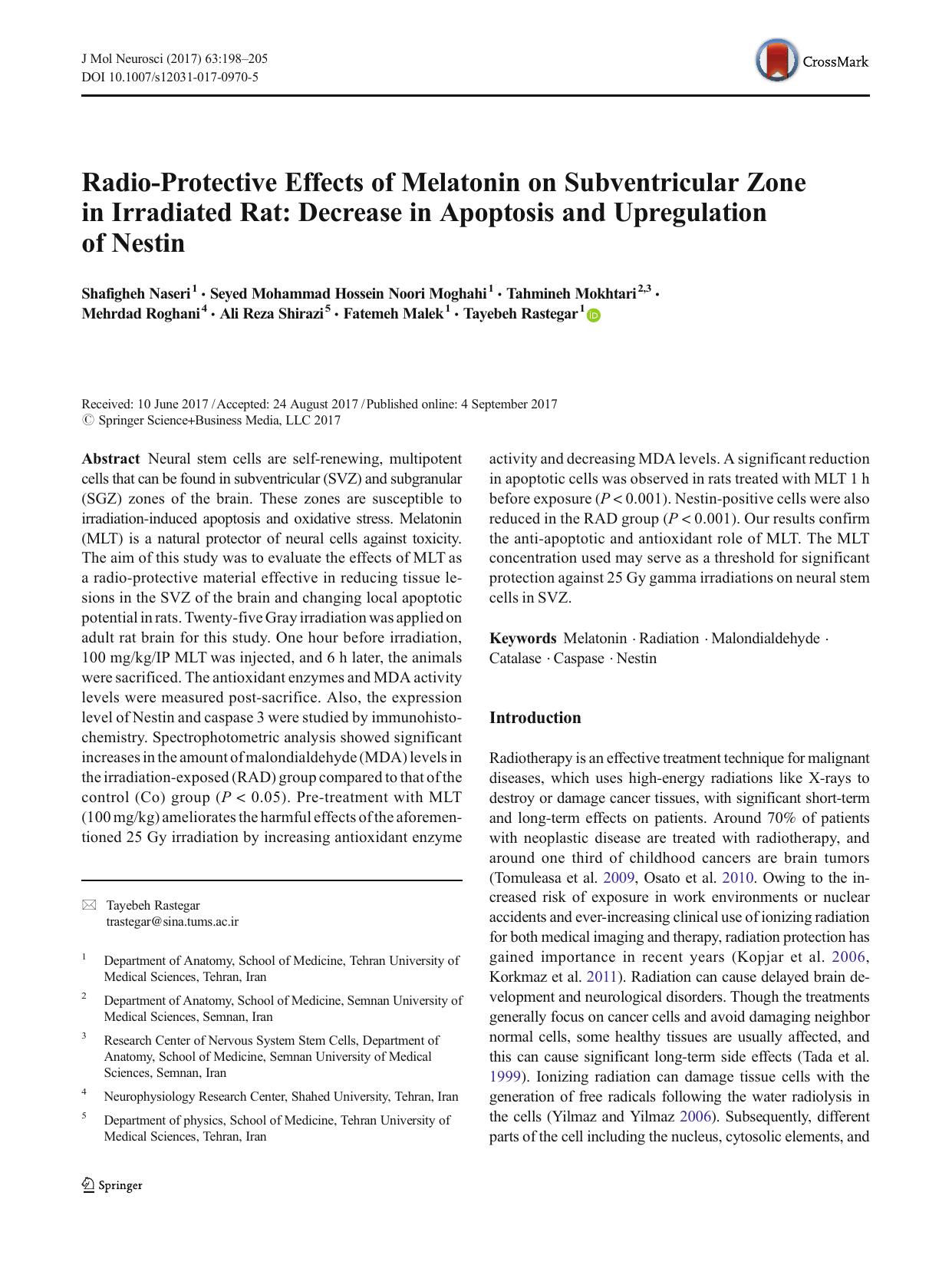 Radio-Protective Effects of Melatonin on Subventricular Zone in Irradiated Rat: Decrease in Apoptosis and Upregulation of Nestin by unknow