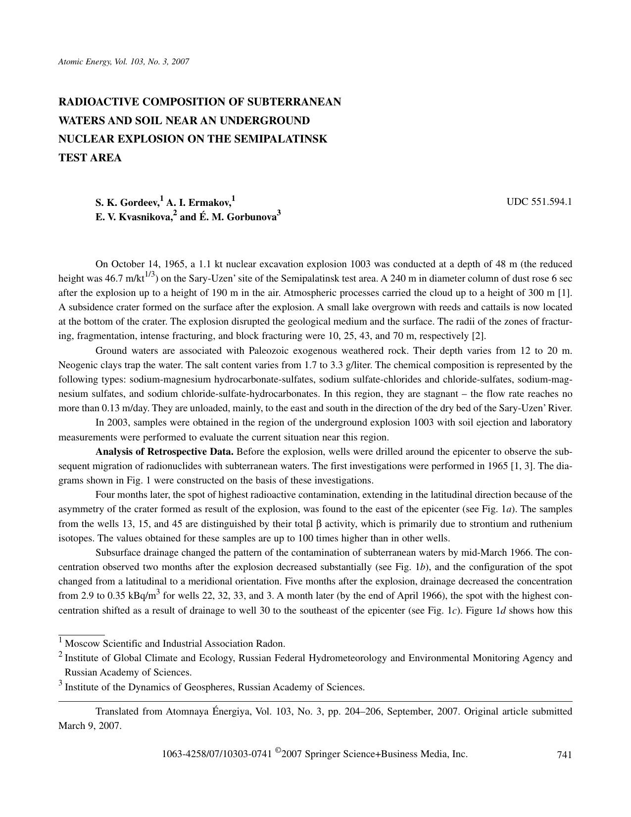 Radioactive composition of subterranean waters and soil near an underground nuclear explosion on the Semipalatinsk test area by Unknown