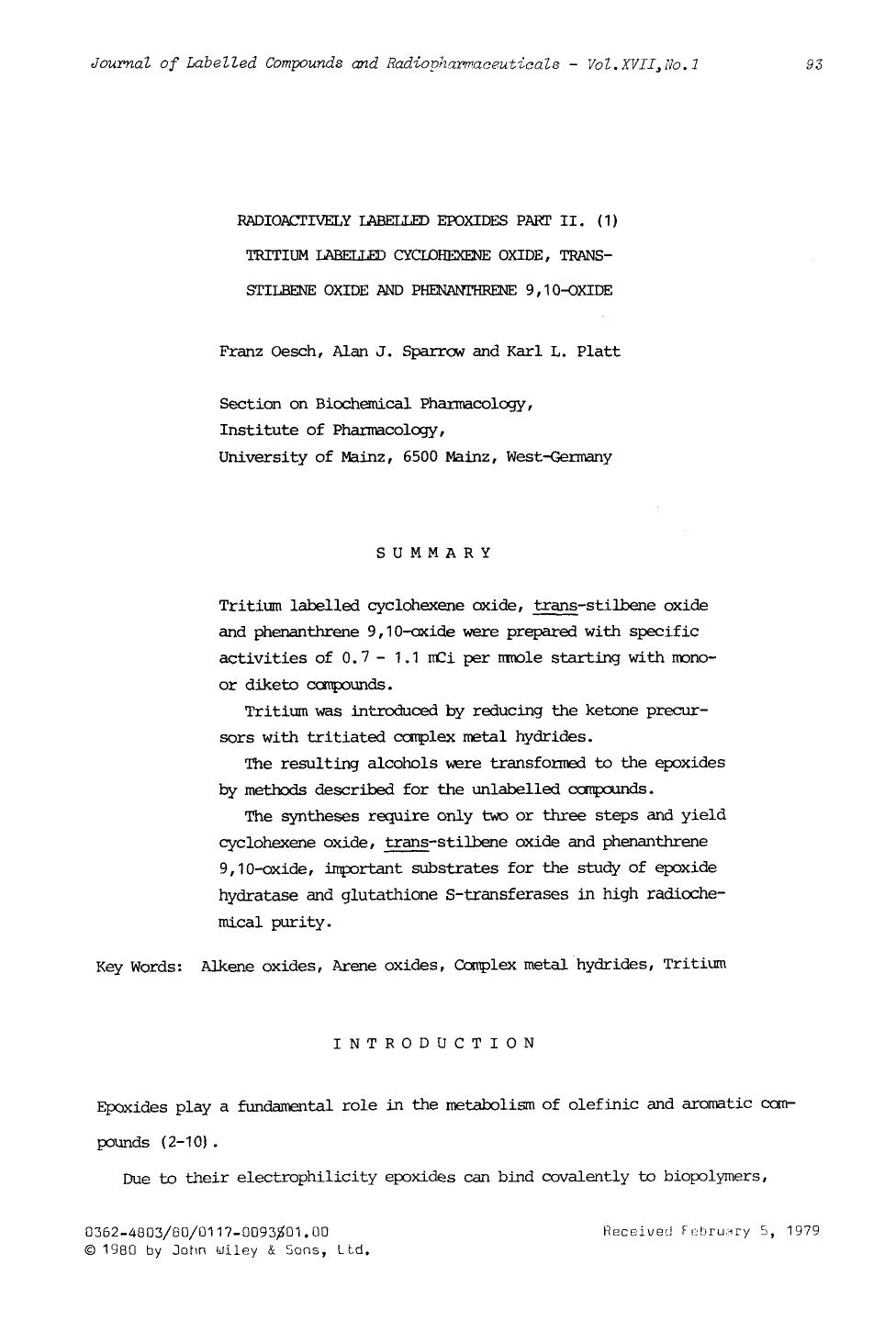 Radioactively labelled epoxides part II. (1) tritium labelled cyclohexene oxide, transstilbene oxide and phenanthrene 9,10-oxide by Unknown