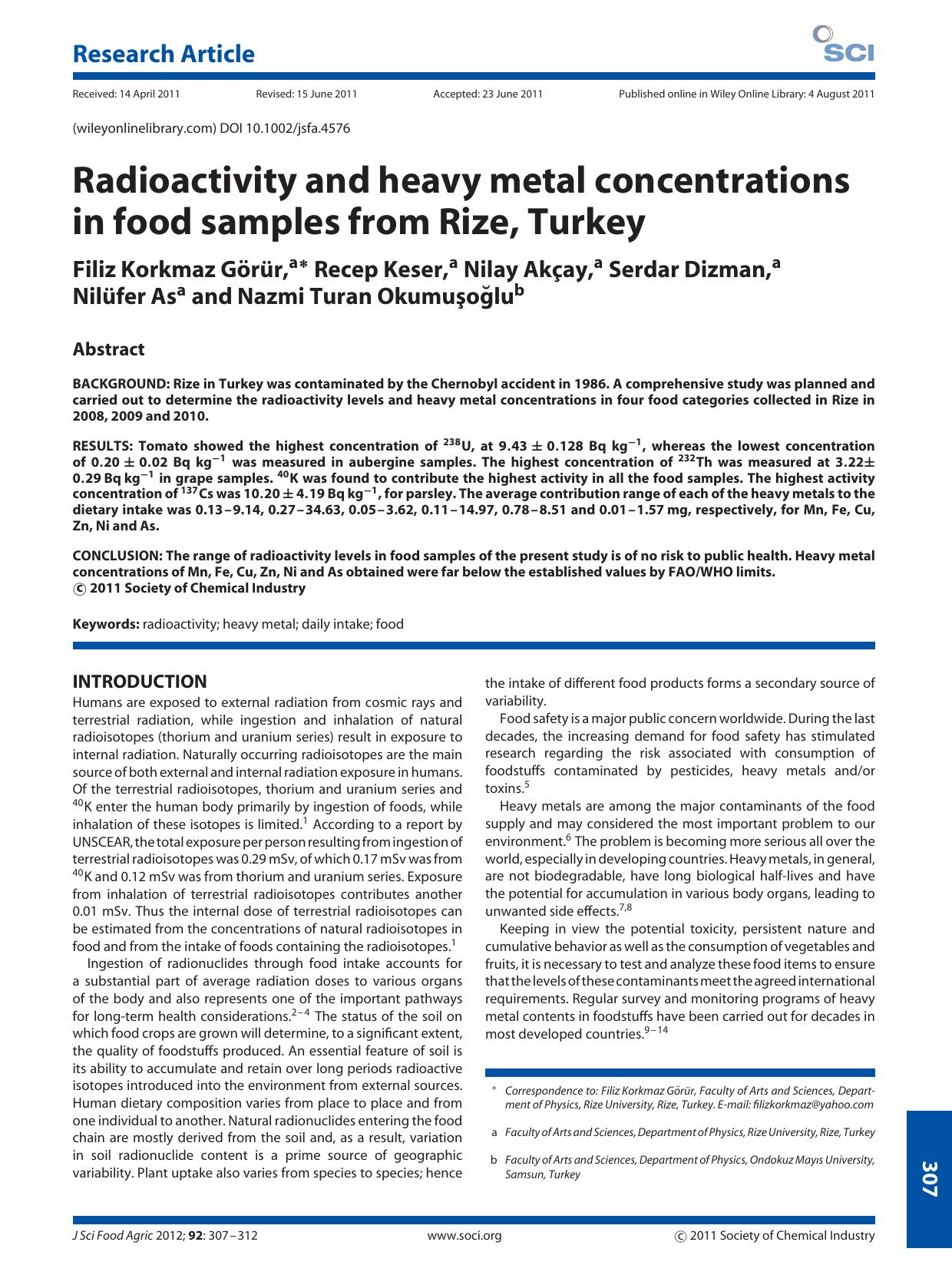Radioactivity and heavy metal concentrations in food samples from Rize, Turkey by Unknown