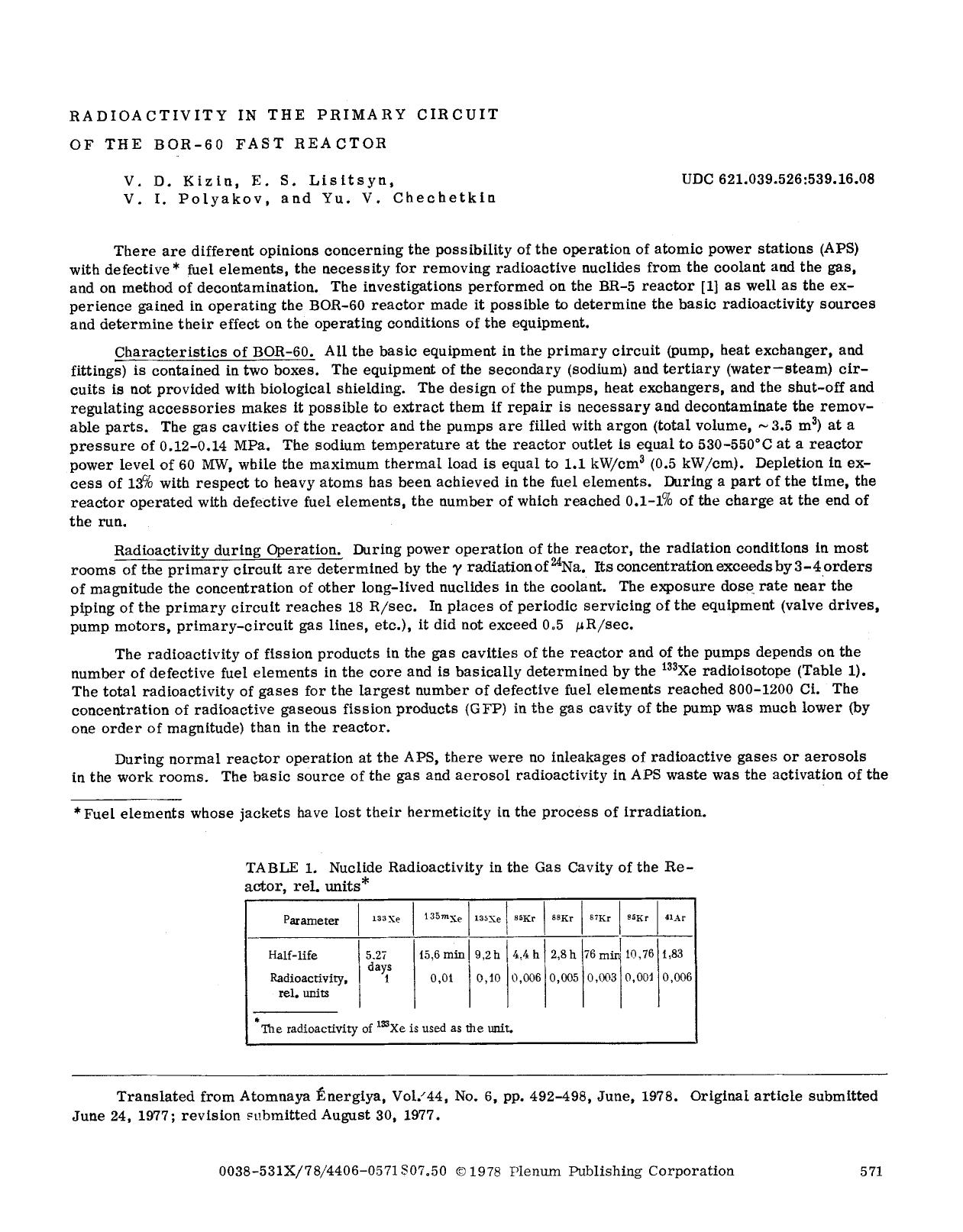 Radioactivity in the primary circuit of the BOR-60 fast reactor by Unknown