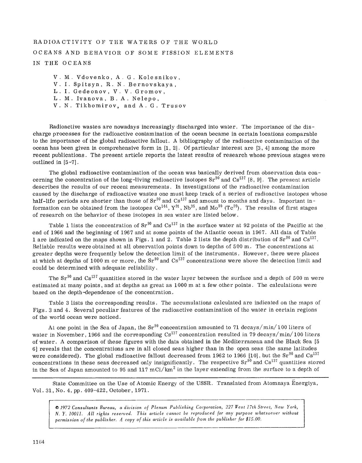 Radioactivity of the waters of the world oceans and behavior of some fission elements in the oceans by Unknown