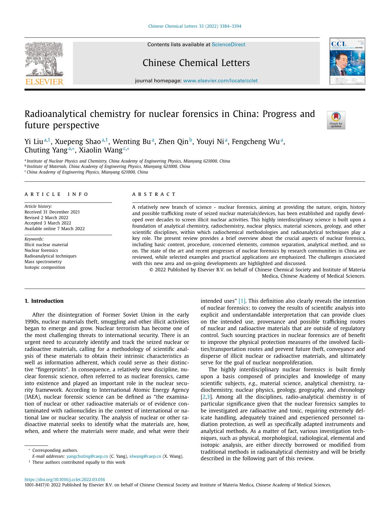 Radioanalytical chemistry for nuclear forensics in China: Progress and future perspective by unknow