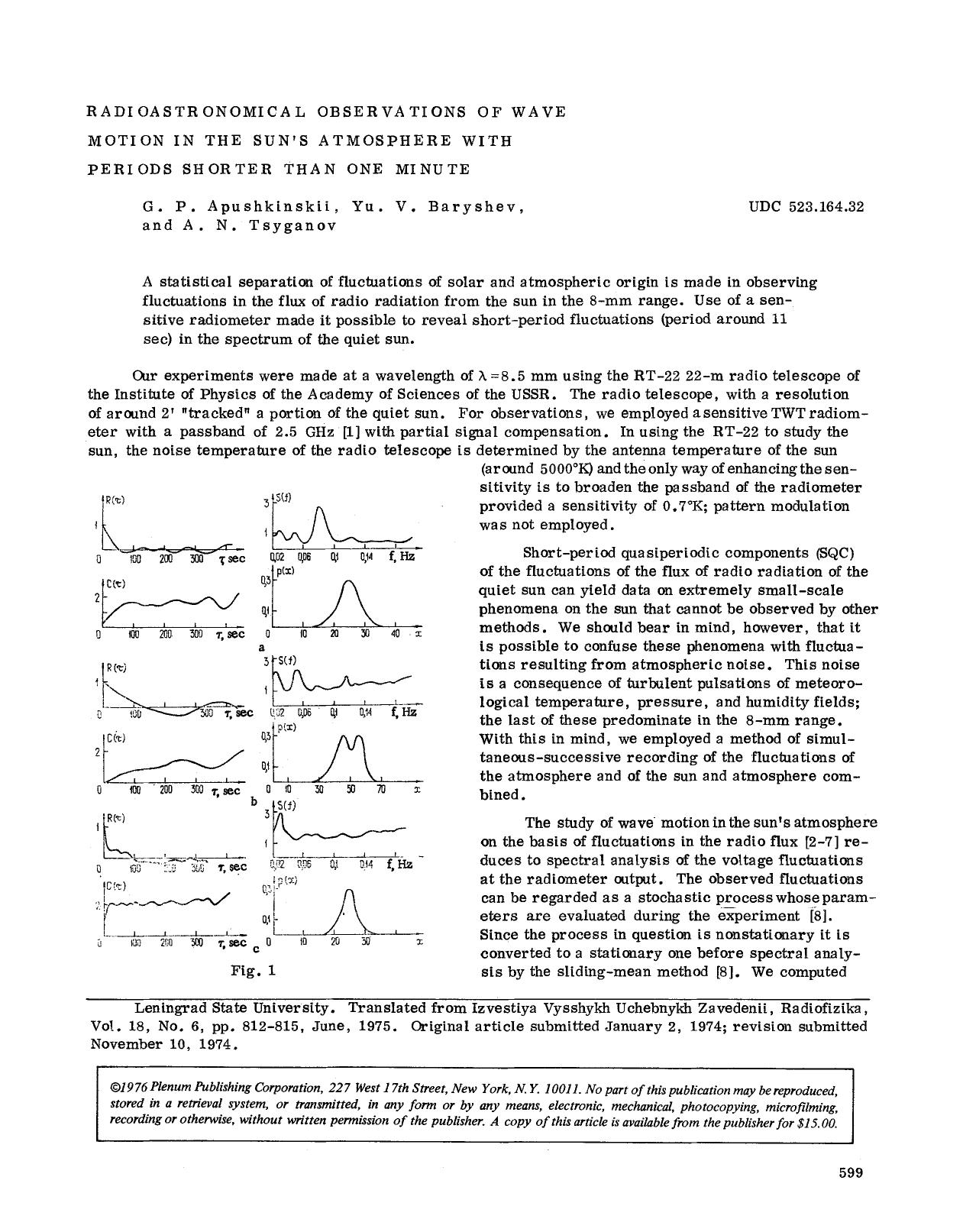 Radioastronomical observations of wave motion in the sun's atmosphere with periods shorter than one minute by Unknown