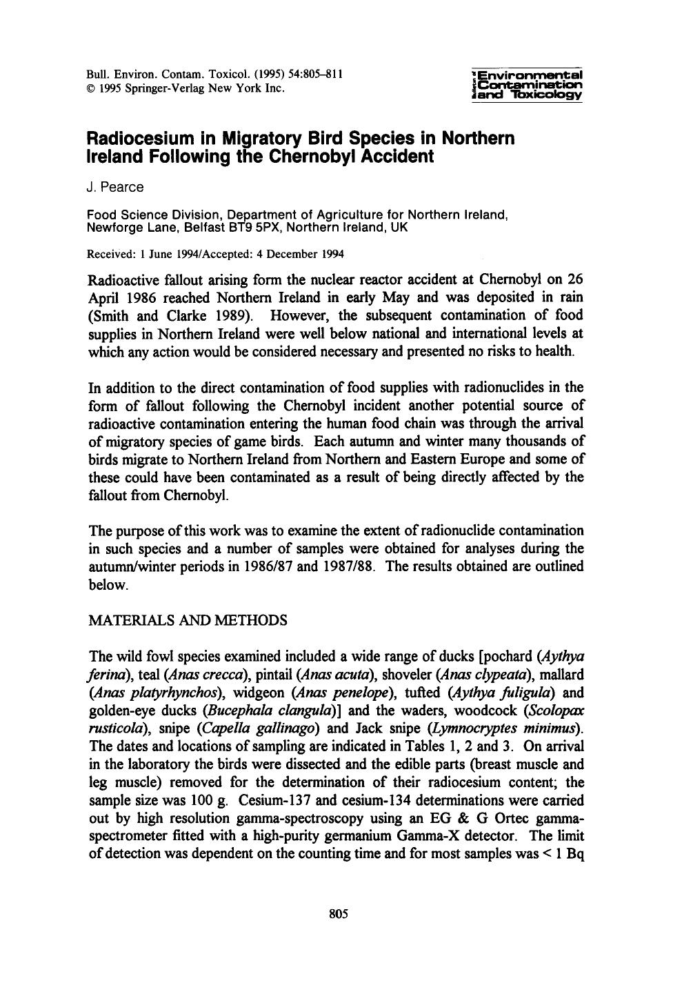 Radiocesium in migratory bird species in northern ireland following the chernobyl accident by Unknown