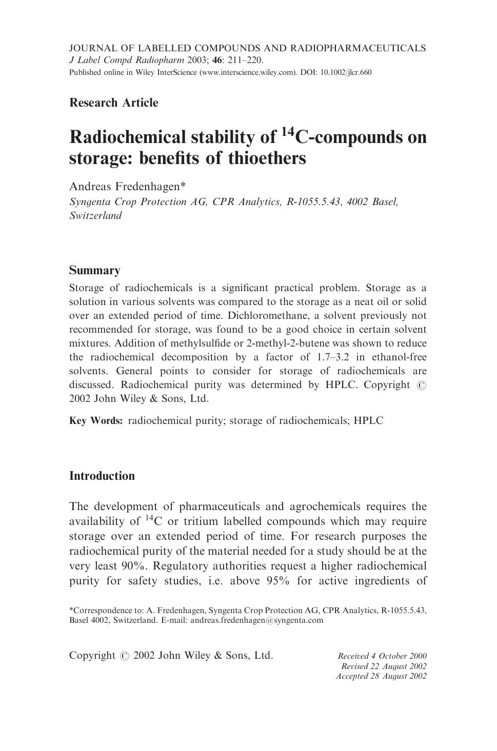 Radiochemical stability of 14C-compounds on storage: benefits of thioethers by Unknown