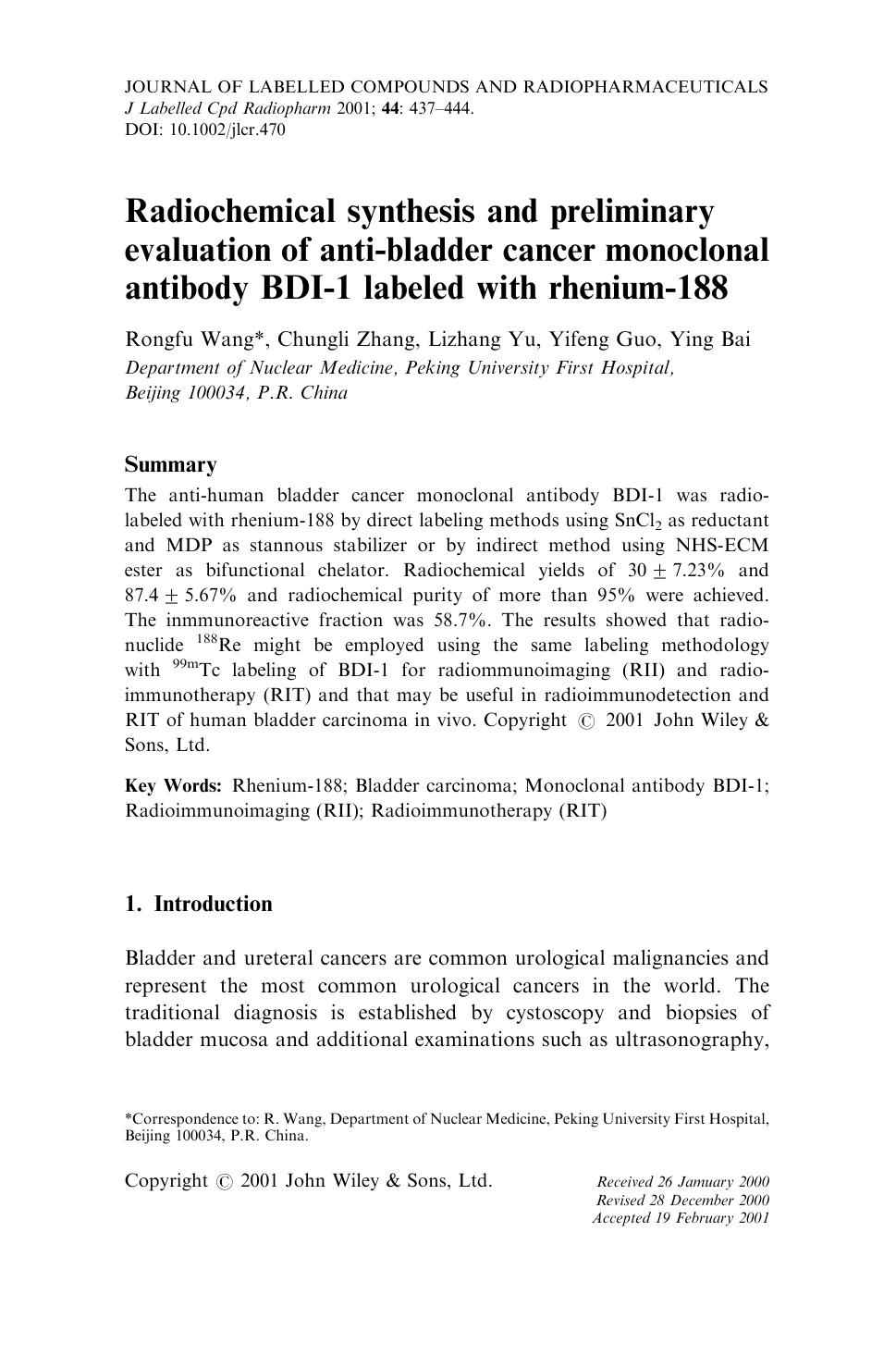 Radiochemical synthesis and preliminary evaluation of anti-bladder cancer monoclonal antibody BDI-1 labeled with rhenium-188 by Unknown