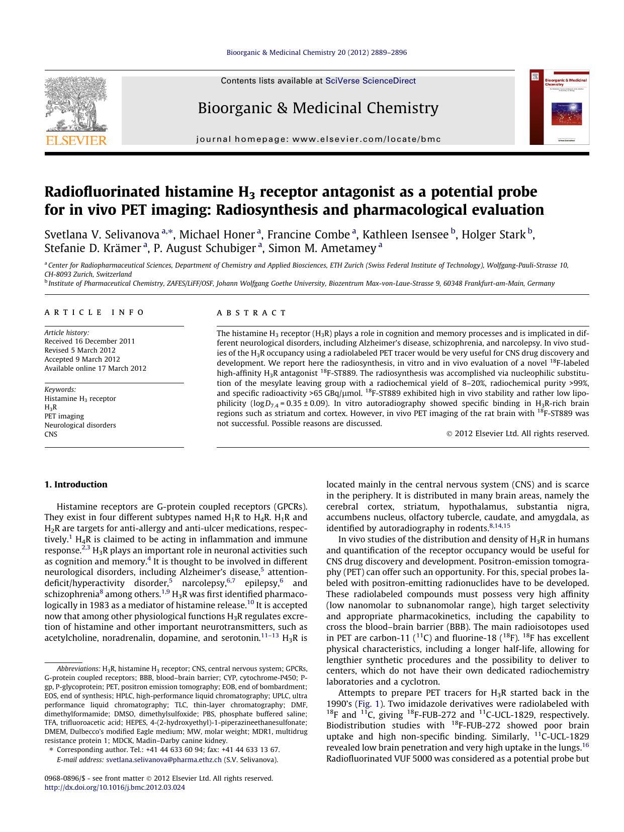 Radiofluorinated histamine H3 receptor antagonist as a potential probe for in vivo PET imaging: Radiosynthesis and pharmacological evaluation by unknow