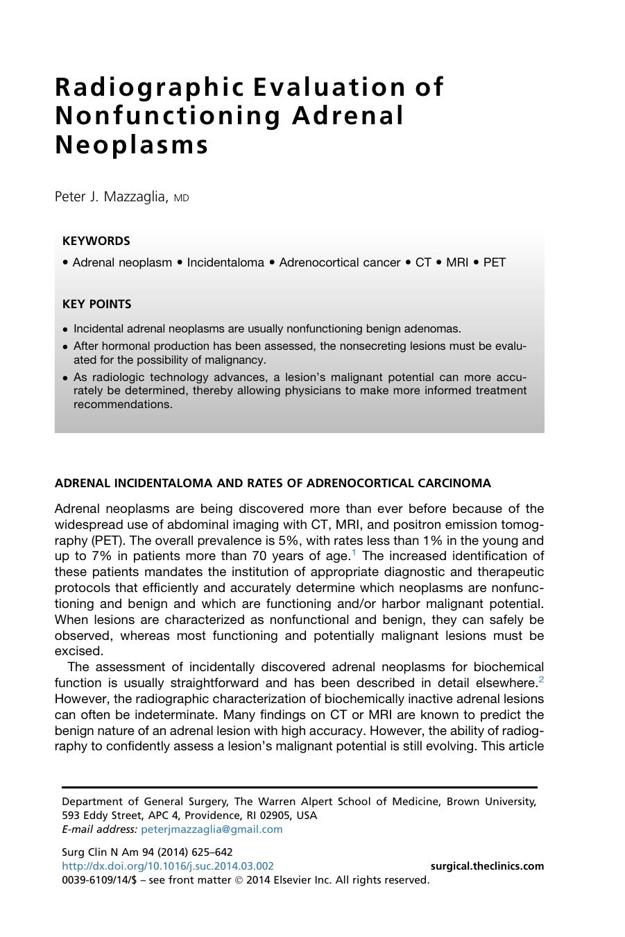 Radiographic Evaluation of Nonfunctioning Adrenal Neoplasms by Peter J. Mazzaglia MD