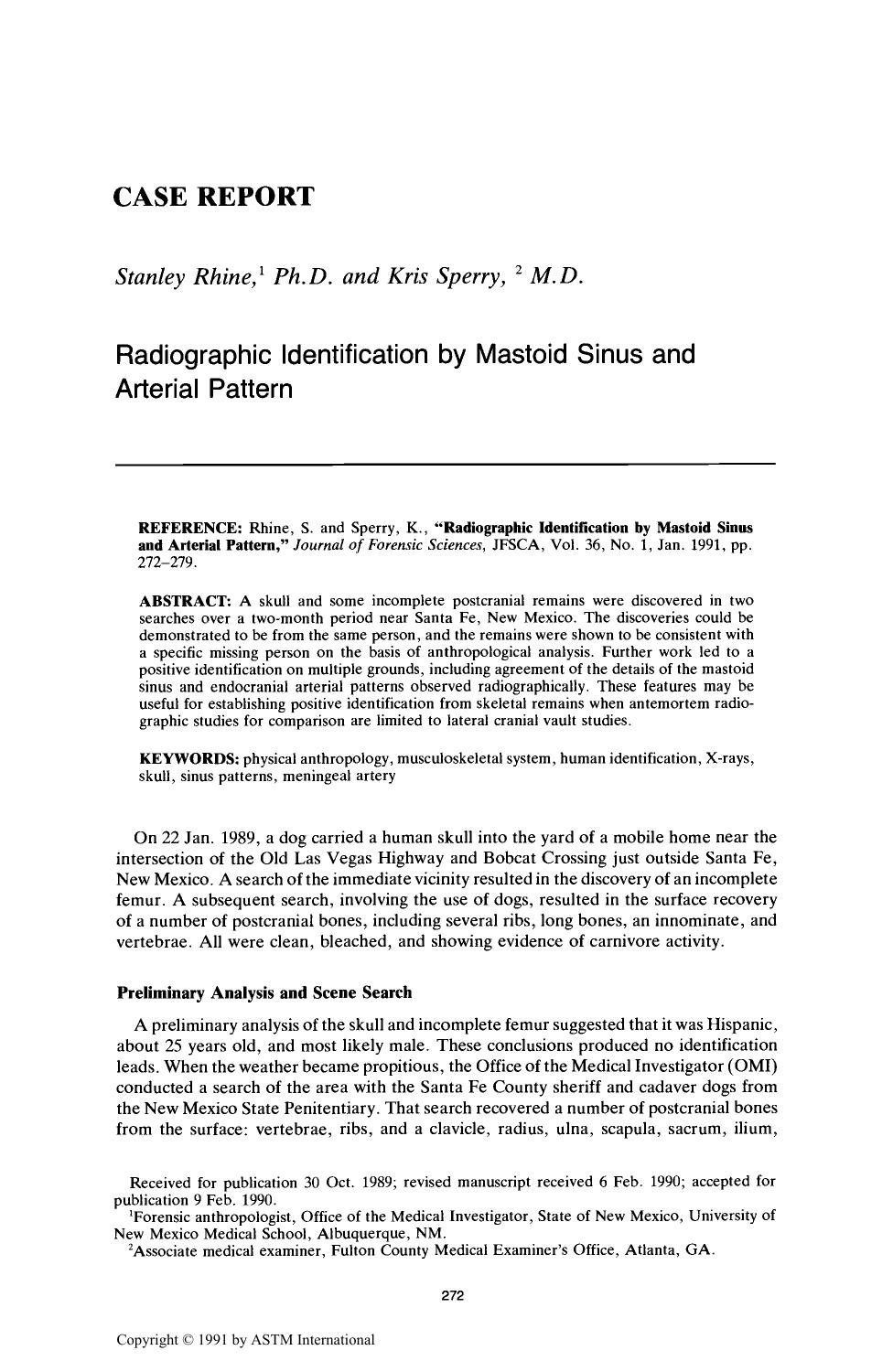 Radiographic Identification by Mastoid Sinus and Arterial Pattern by Rhine S Sperry K