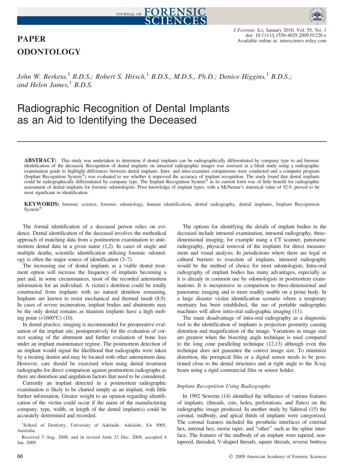 Radiographic Recognition of Dental Implants as an Aid to Identifying the Deceased by Unknown