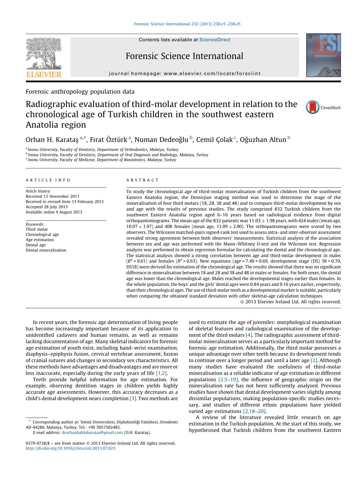 Radiographic evaluation of third-molar development in relation to the chronological age of Turkish children in the southwest eastern Anatolia region by Orhan H. Karataş & Fırat Öztürk & Numan Dedeoğlu & Cemil Çolak & Oğuzhan Altun