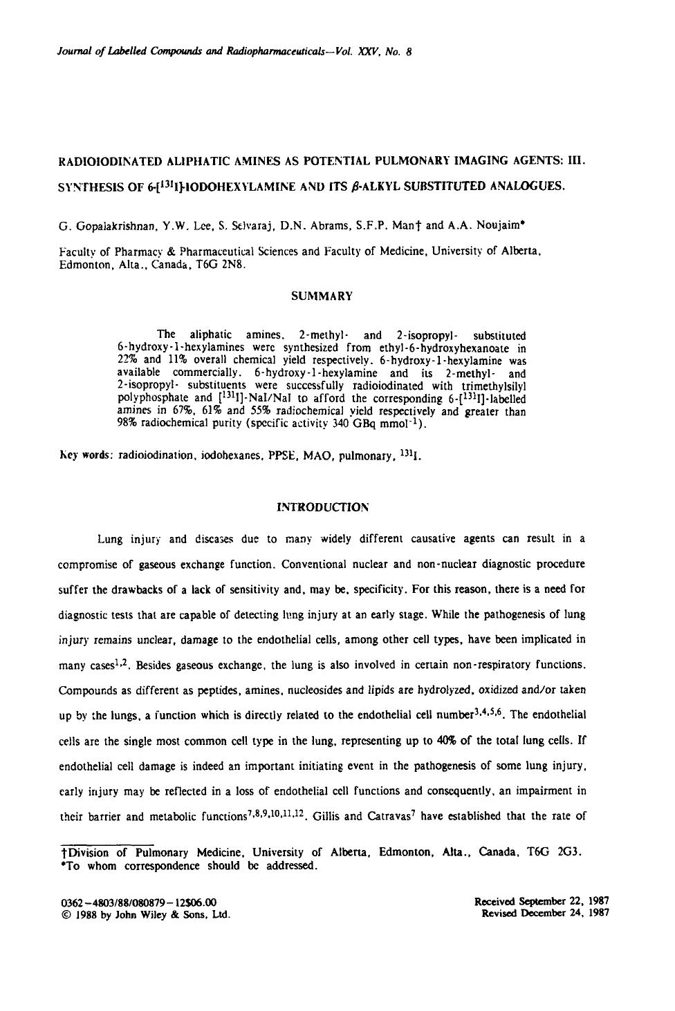 Radioiodinated aliphatic amines as potential pulmonary imaging agents: III. Synthesis of 6-[131i]-iodohexylamine and its [beta]-alkyl substituted analogues by Unknown