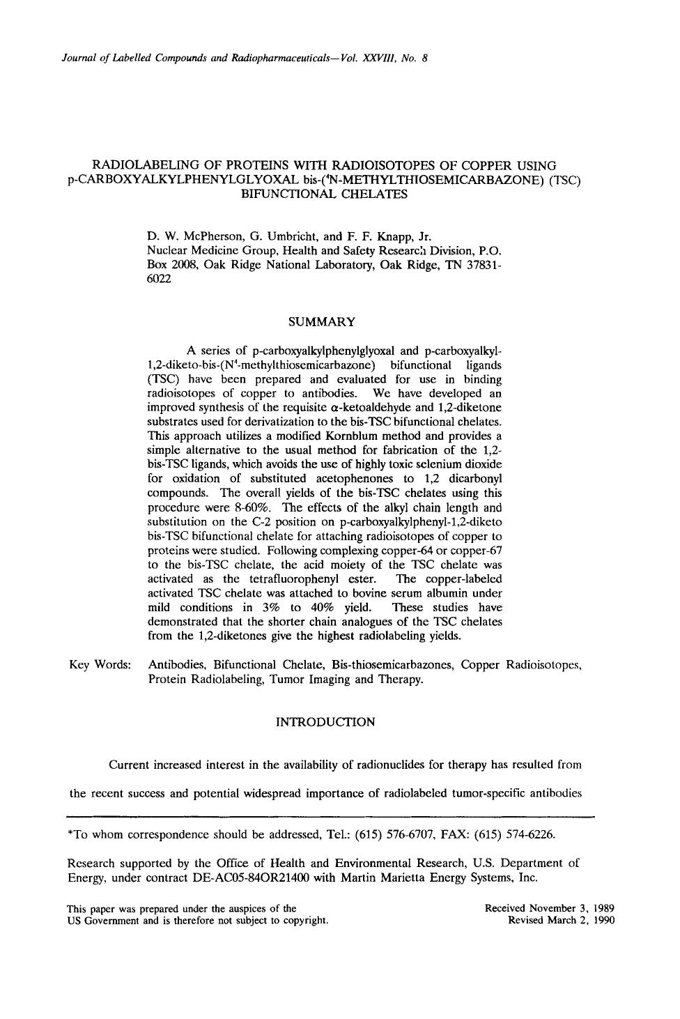 Radiolabeling of proteins with radioisotopes of copper using p-carboxyalkylphenylglyoxal bis-(4N-methylthiosemicarbazone) (TSC) bifunctional chelates by Unknown