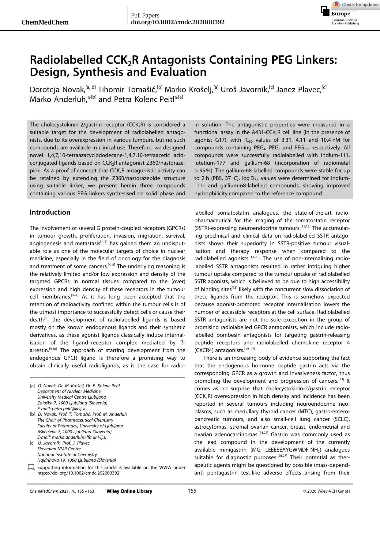 Radiolabelled CCK2R Antagonists Containing PEG Linkers: Design, Synthesis and Evaluation by Unknown