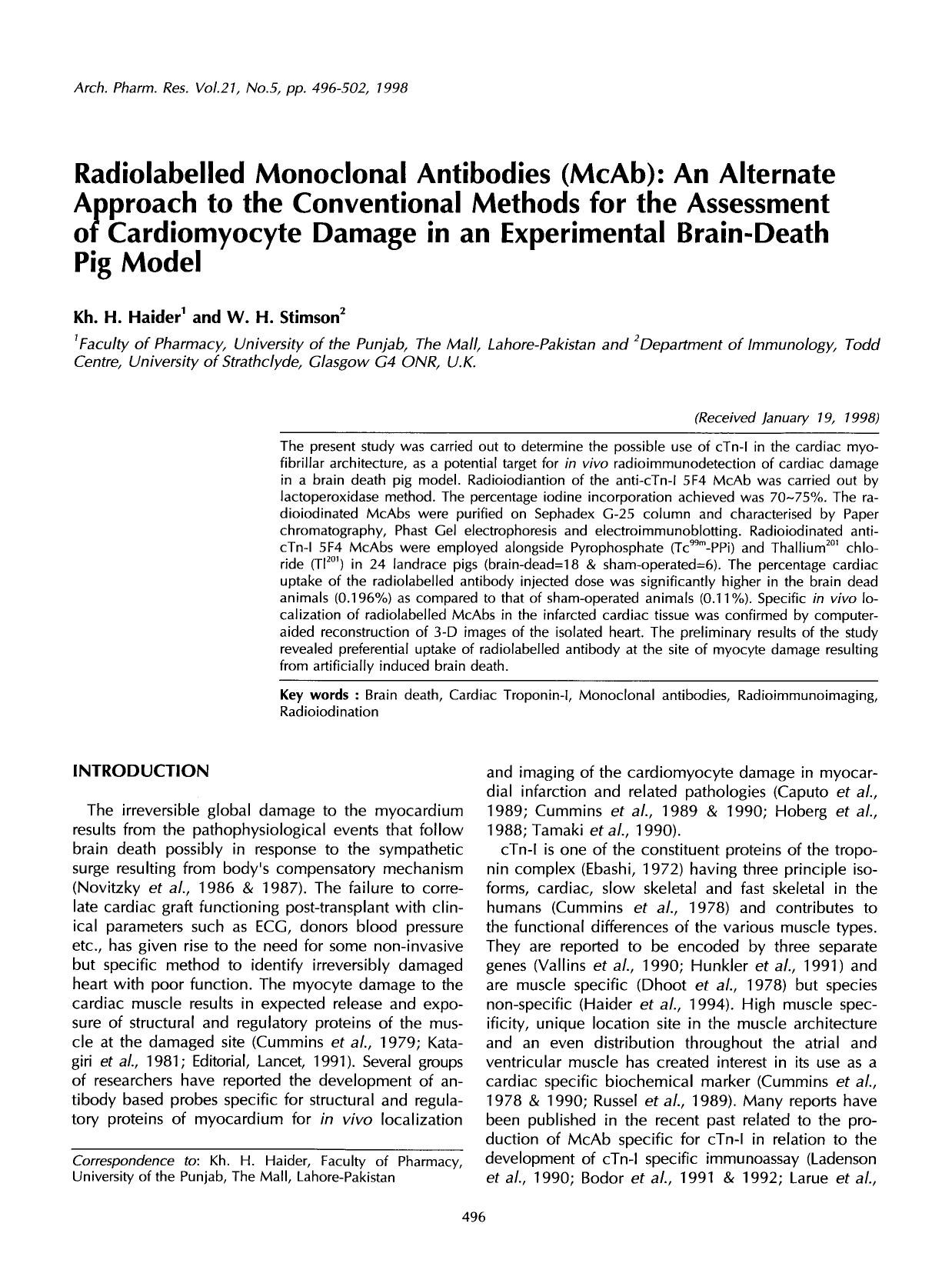 Radiolabelled monoclonal antibodies (McAb): An alternate approach to the conventional methods for the assessment of cardiomyocyte damage in an experimental brain-death pig model by Unknown