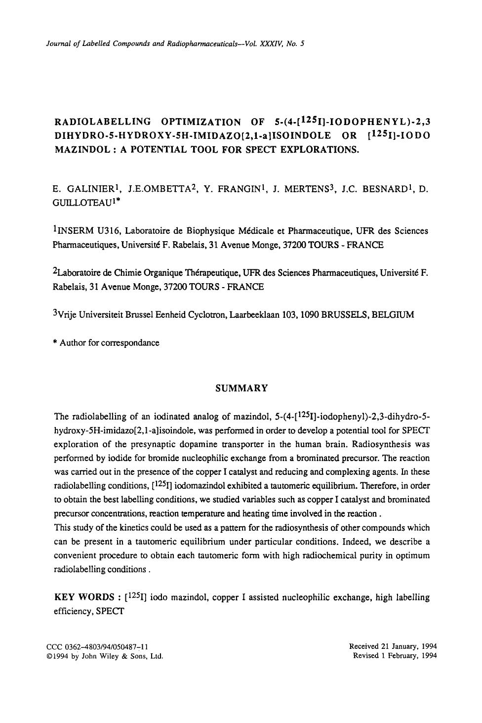 Radiolabelling optimization of 5-(4-[125I]-iodophenyl)-2,3 dihydro-5-hydroxy-5H-imidazo[2,1-a]isoindole or [125I]-iodo mazindol : A potential tool for spect explorations by Unknown