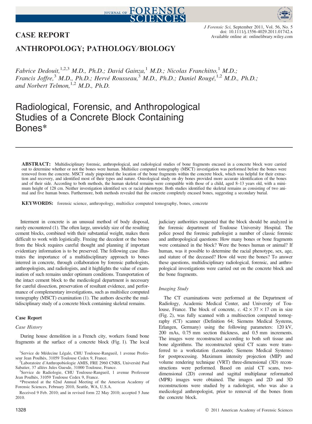 Radiological, Forensic, and Anthropological Studies of a Concrete Block Containing Bones by Unknown