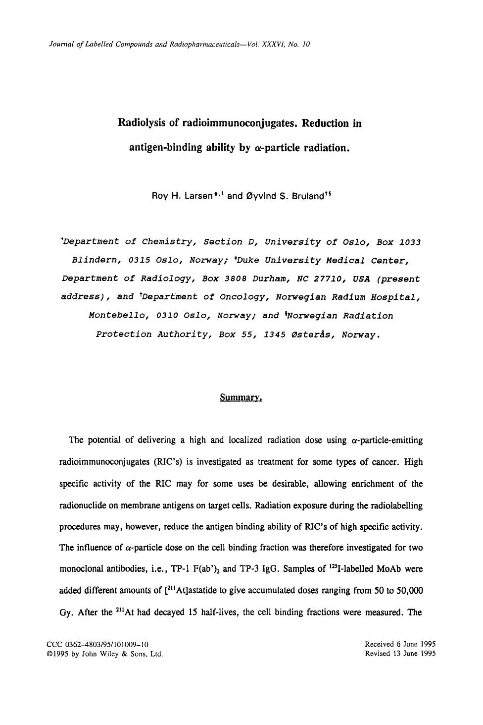 Radiolysis of radioimmunoconjugates. Reduction in antigen-binding ability by [alpha]-particle radiation by Unknown