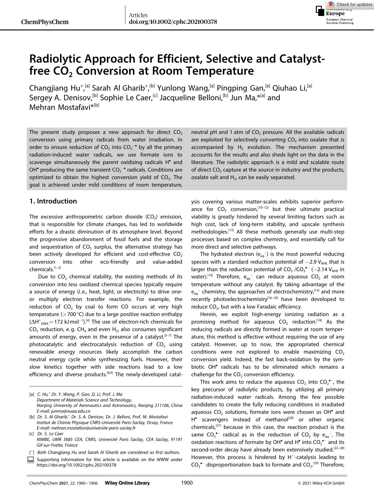 Radiolytic Approach for Efficient, Selective and Catalystâfree CO2 Conversion at Room Temperature by Unknown