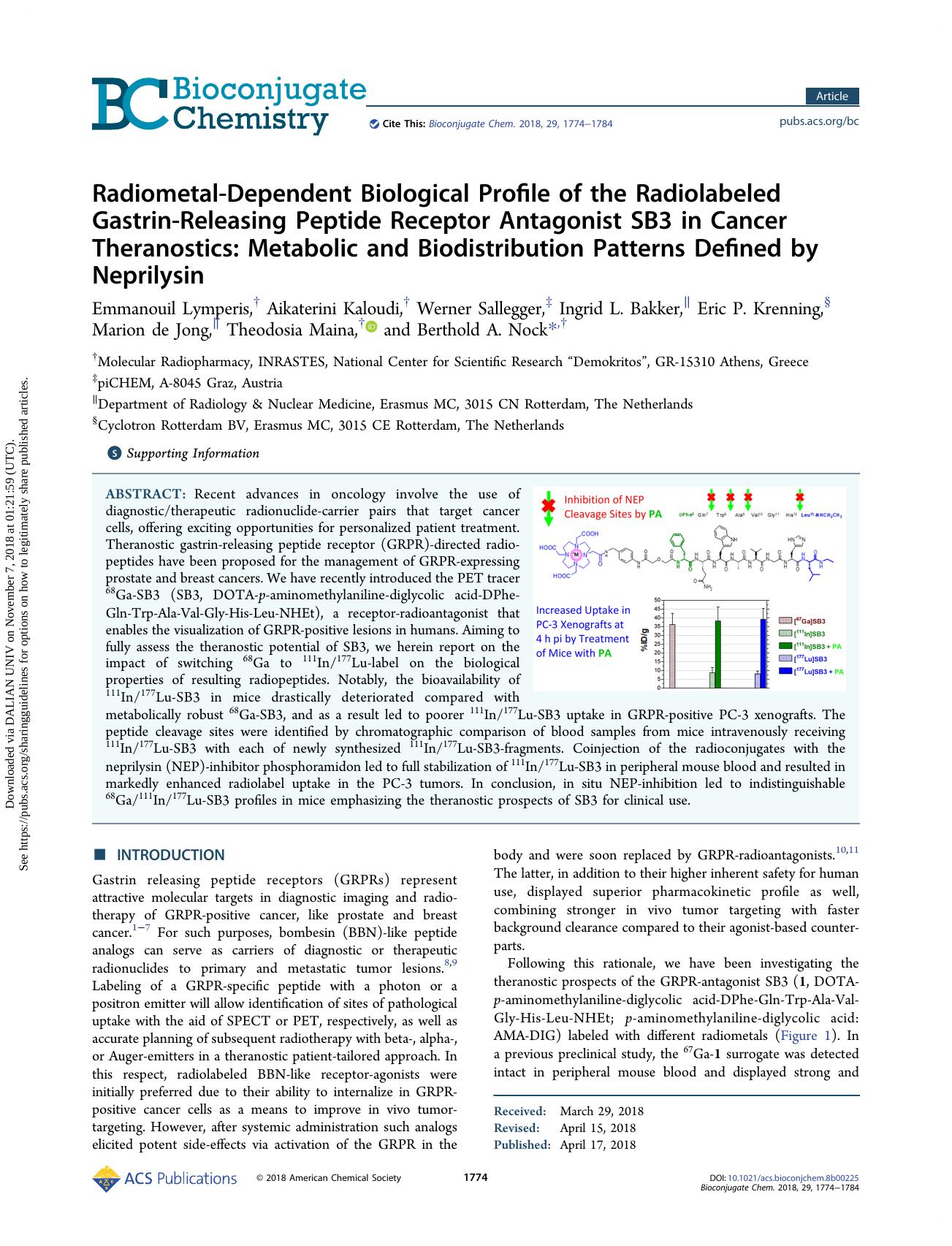 Radiometal-Dependent Biological Profile of the Radiolabeled Gastrin-Releasing Peptide Receptor Antagonist SB3 in Cancer Theranostics: Metabolic and Biodistribution Patterns Defined by Neprilysin by unknow