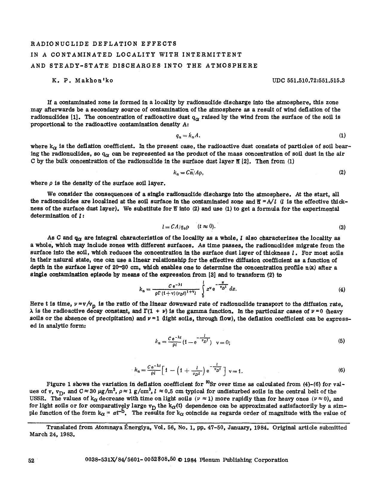 Radionuclide deflation effects in a contaminated locality with intermittent and steady-state discharges into the atmosphere by Unknown