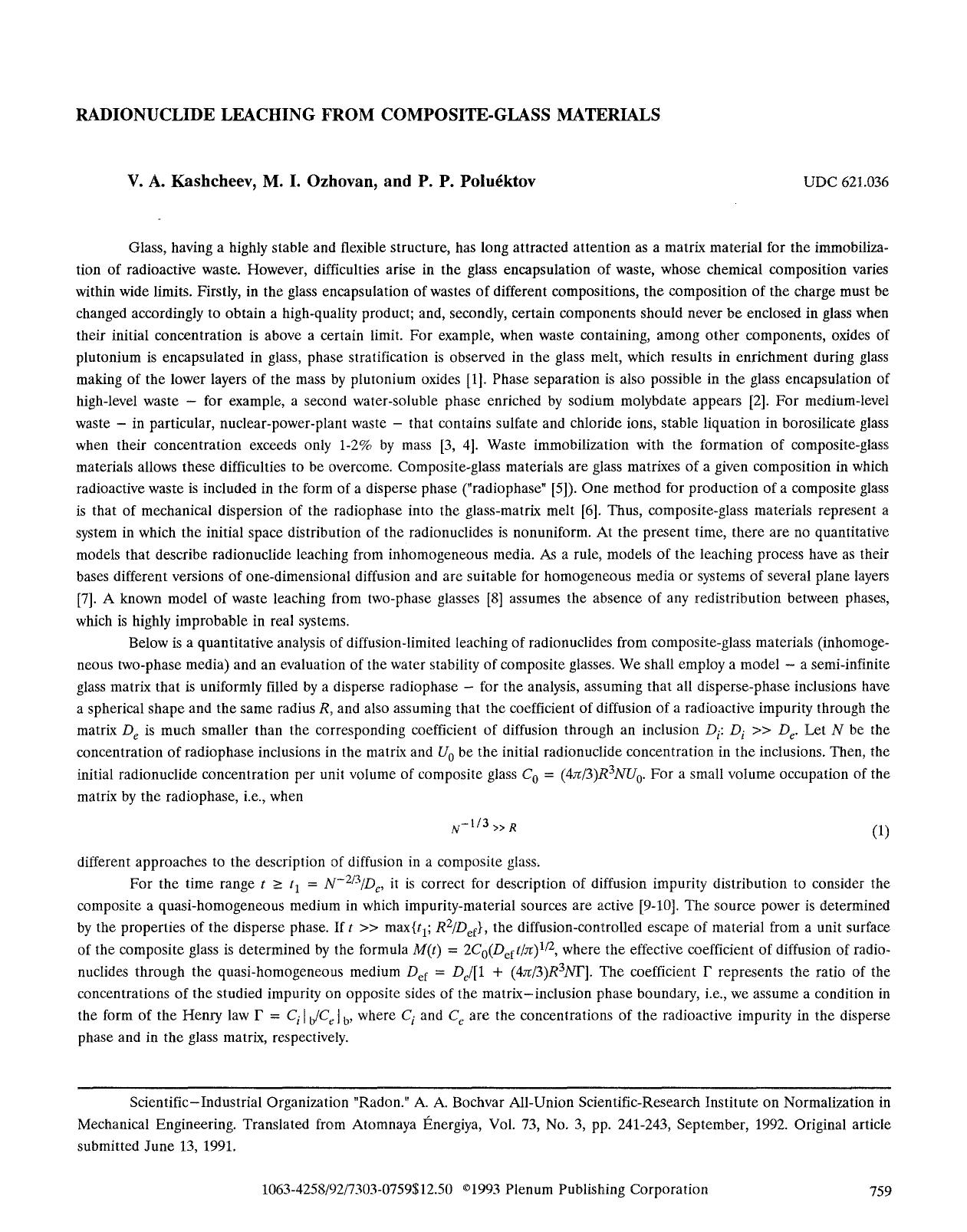 Radionuclide leaching from composite-glass materials by Unknown