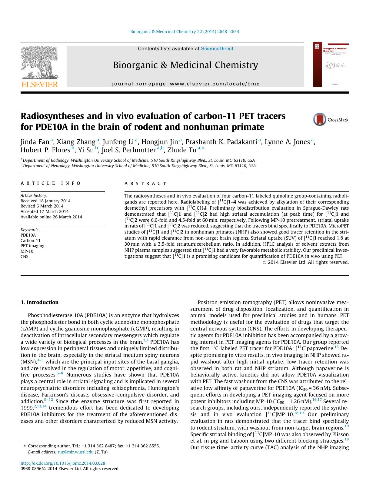 Radiosyntheses and in vivo evaluation of carbon-11 PET tracers for PDE10A in the brain of rodent and nonhuman primate by unknow