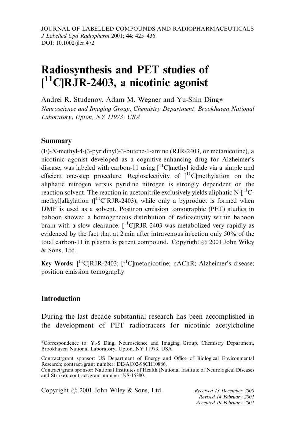 Radiosynthesis and PET studies of [11C]RJR-2403, a nicotinic agonist by Unknown