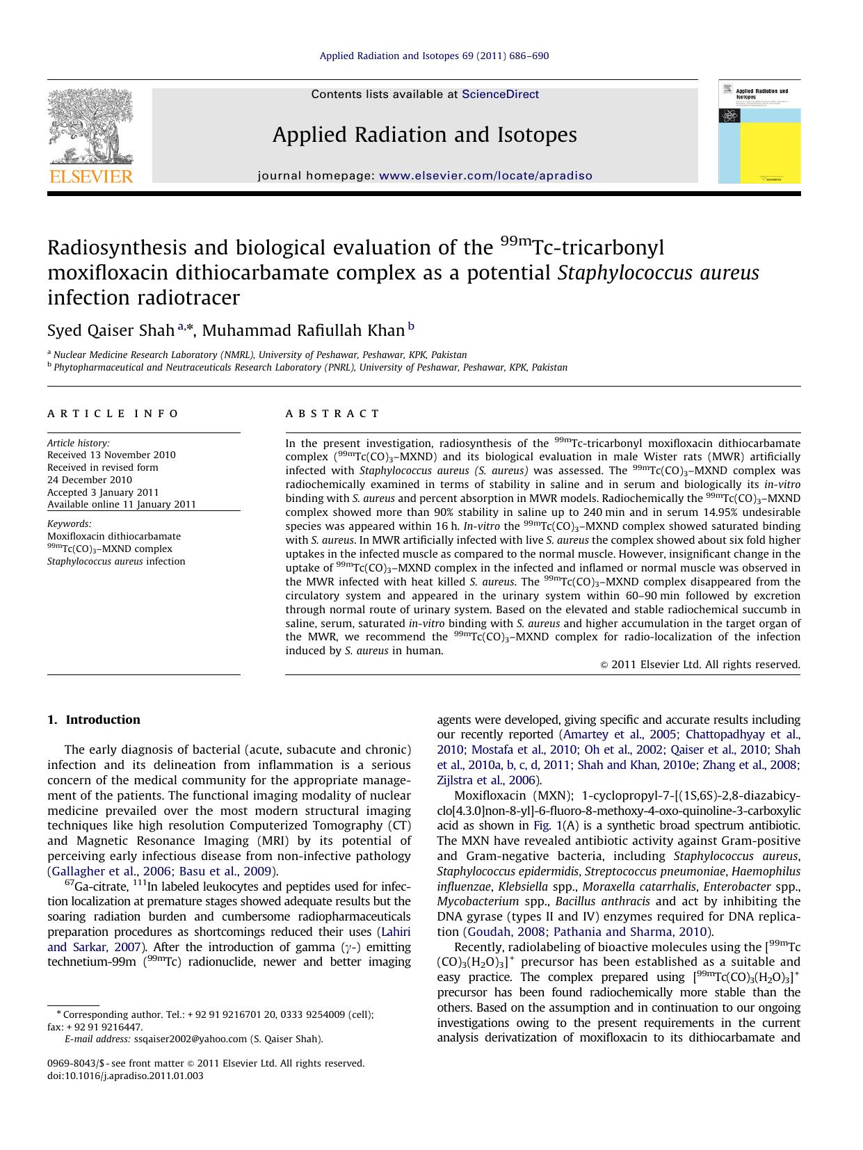 Radiosynthesis and biological evaluation of the 99mTc-tricarbonyl moxifloxacin dithiocarbamate complex as a potential Staphylococcus aureus infection radiotracer by Syed Qaiser Shah & Muhammad Rafiullah Khan