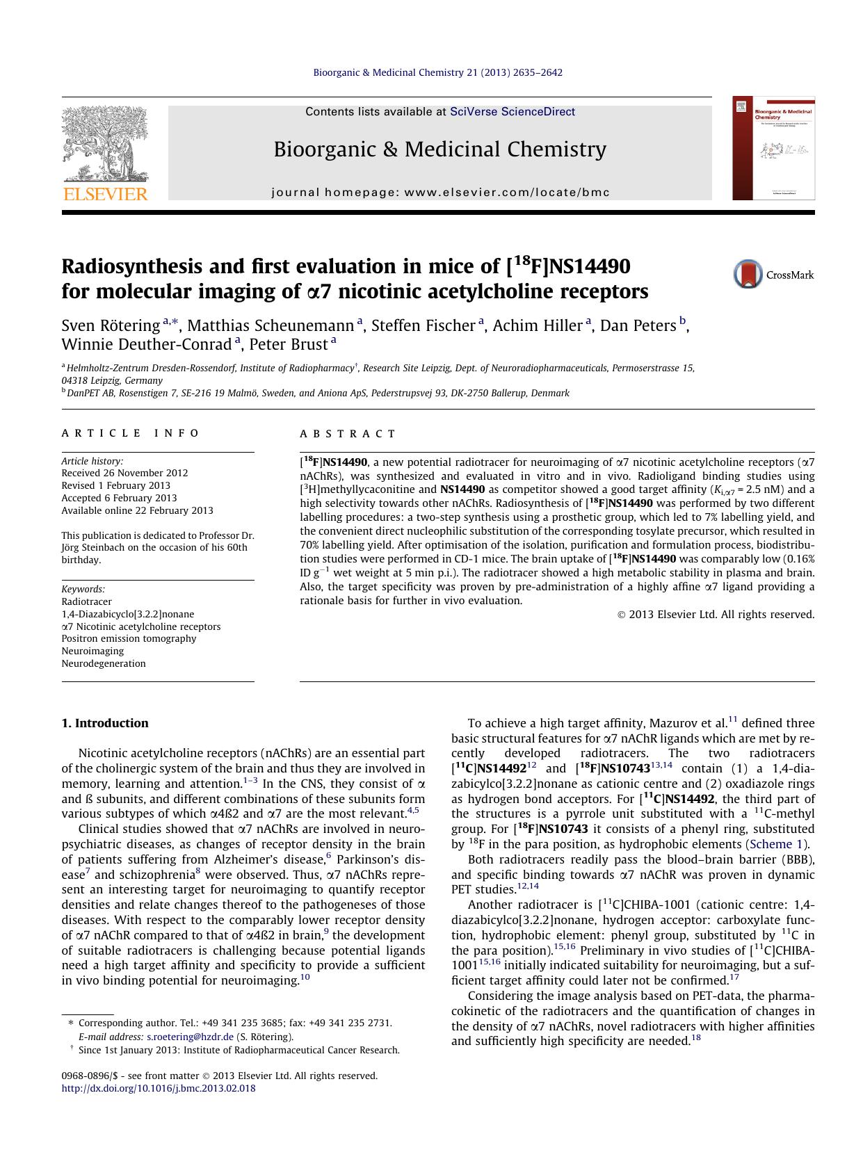 Radiosynthesis and first evaluation in mice of [18F]NS14490 for molecular imaging of ÃÂ±7 nicotinic acetylcholine receptors by unknow