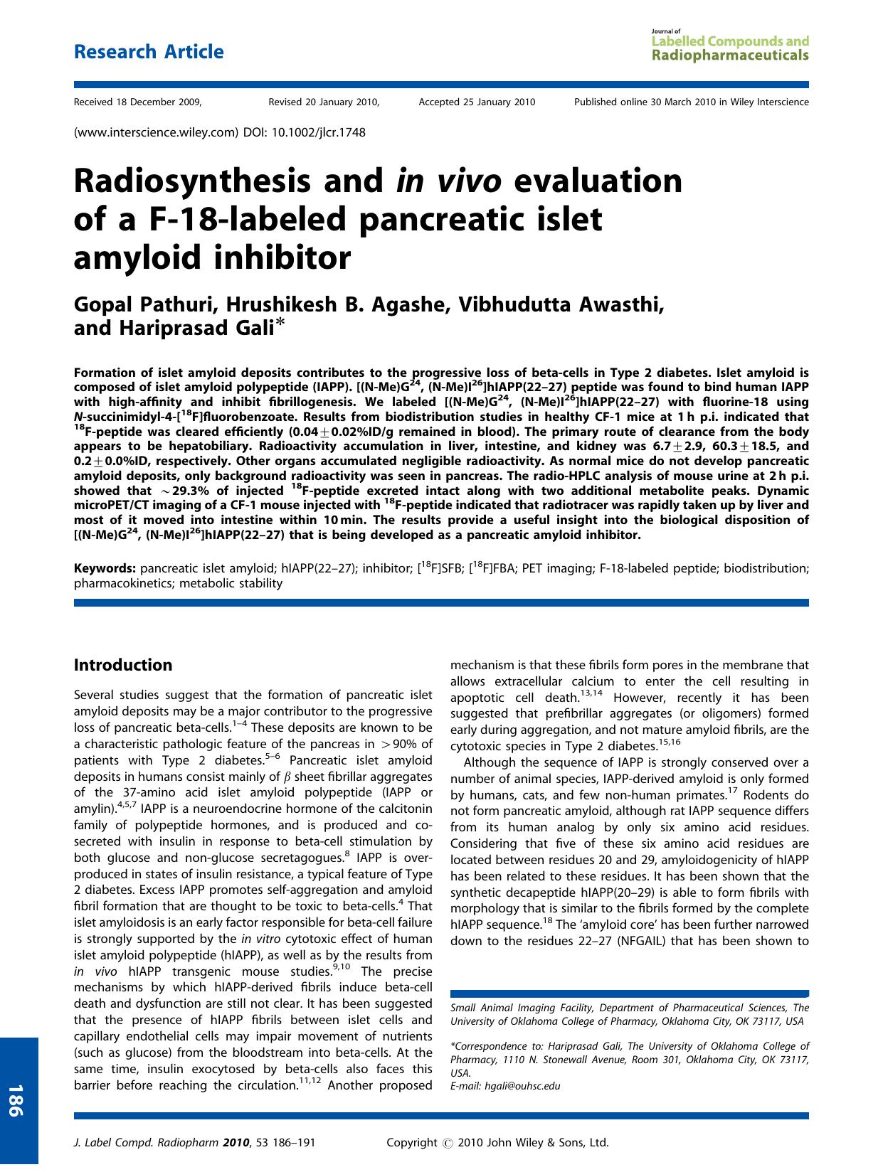 Radiosynthesis and in vivo evaluation of a F?18?labeled pancreatic islet amyloid inhibitor by Unknown