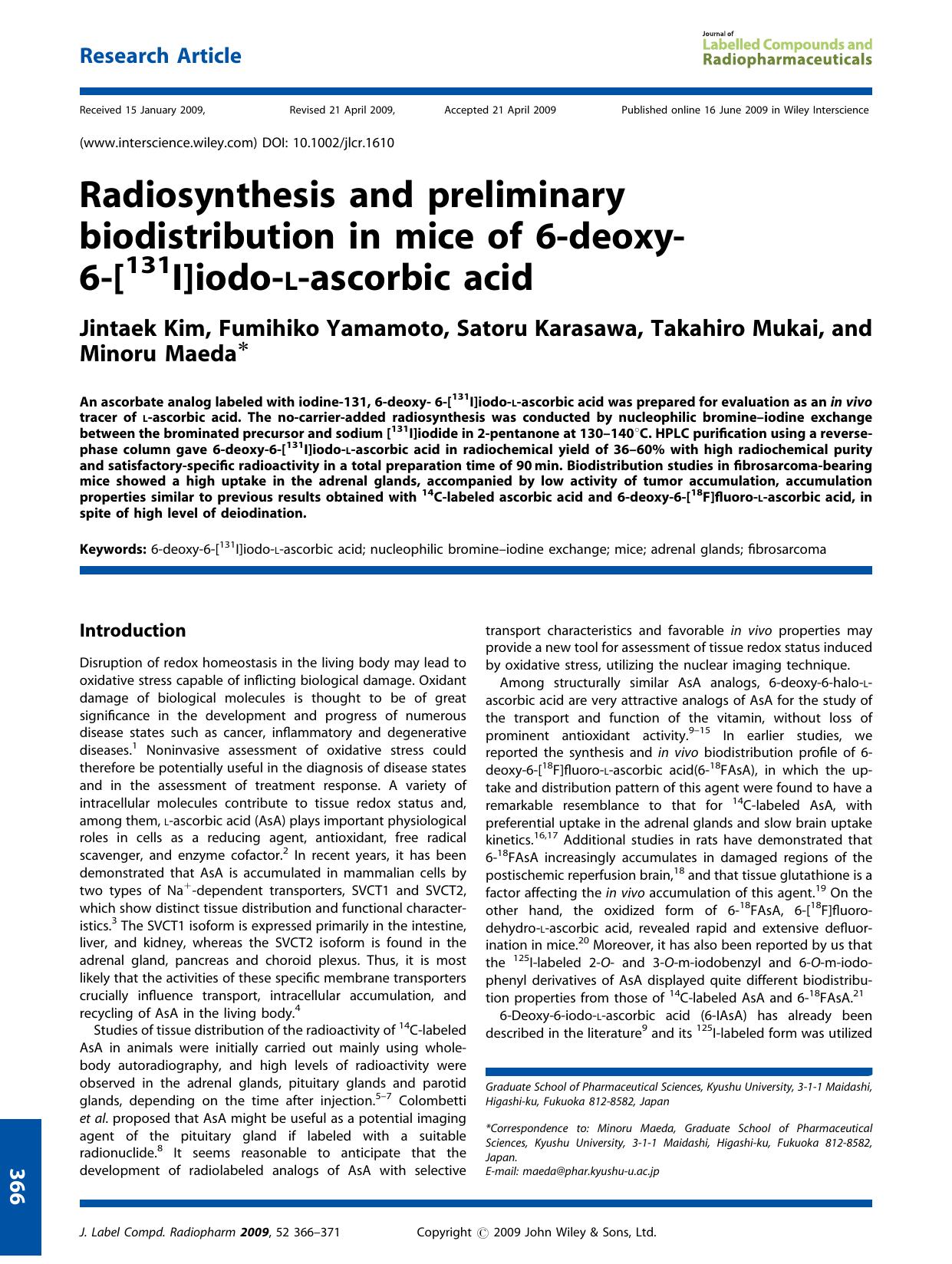 Radiosynthesis and preliminary biodistribution in mice of 6-deoxy-6-[131I]iodo-L-ascorbic acid by Unknown