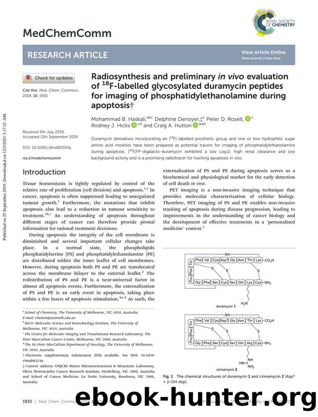 Radiosynthesis and preliminary in vivo evaluation of 18F-labelled glycosylated duramycin peptides for imaging of phosphatidylethanolamine during apoptosis by Mohammad B. Haskali & Delphine Denoyer & Peter D. Roselt & Rodney J. Hicks & Craig A. Hutton