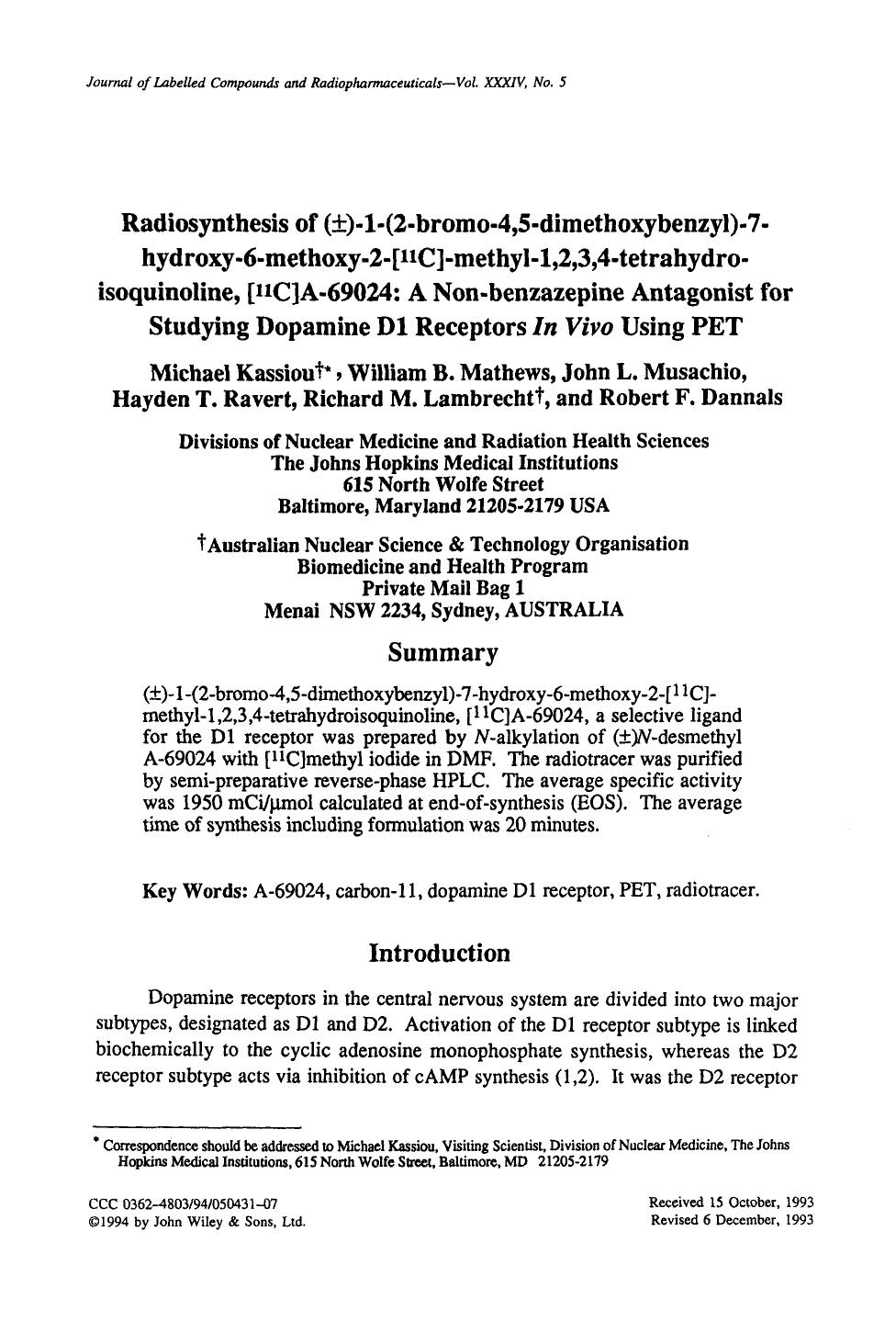 Radiosynthesis of (Â±)-1-(2-bromo-4,5-dimethoxybenzyl)-7-hydroxy-6-methoxy-2-[11C]-methyI-l,2,3,4-tetrahydro-isoquinoline, [11C]A-69024: A non-benzazepine antagonist for studying d by Unknown