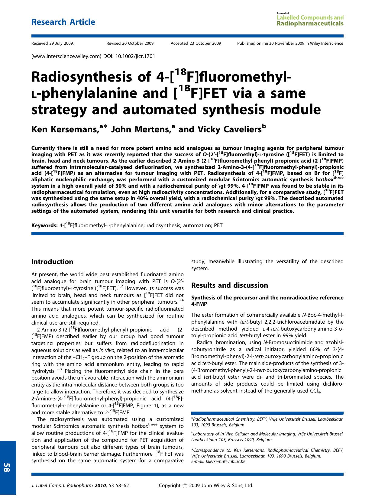 Radiosynthesis of 4-[18F]fluoromethyl-L-phenylalanine and [18F]FET via a same strategy and automated synthesis module by Unknown