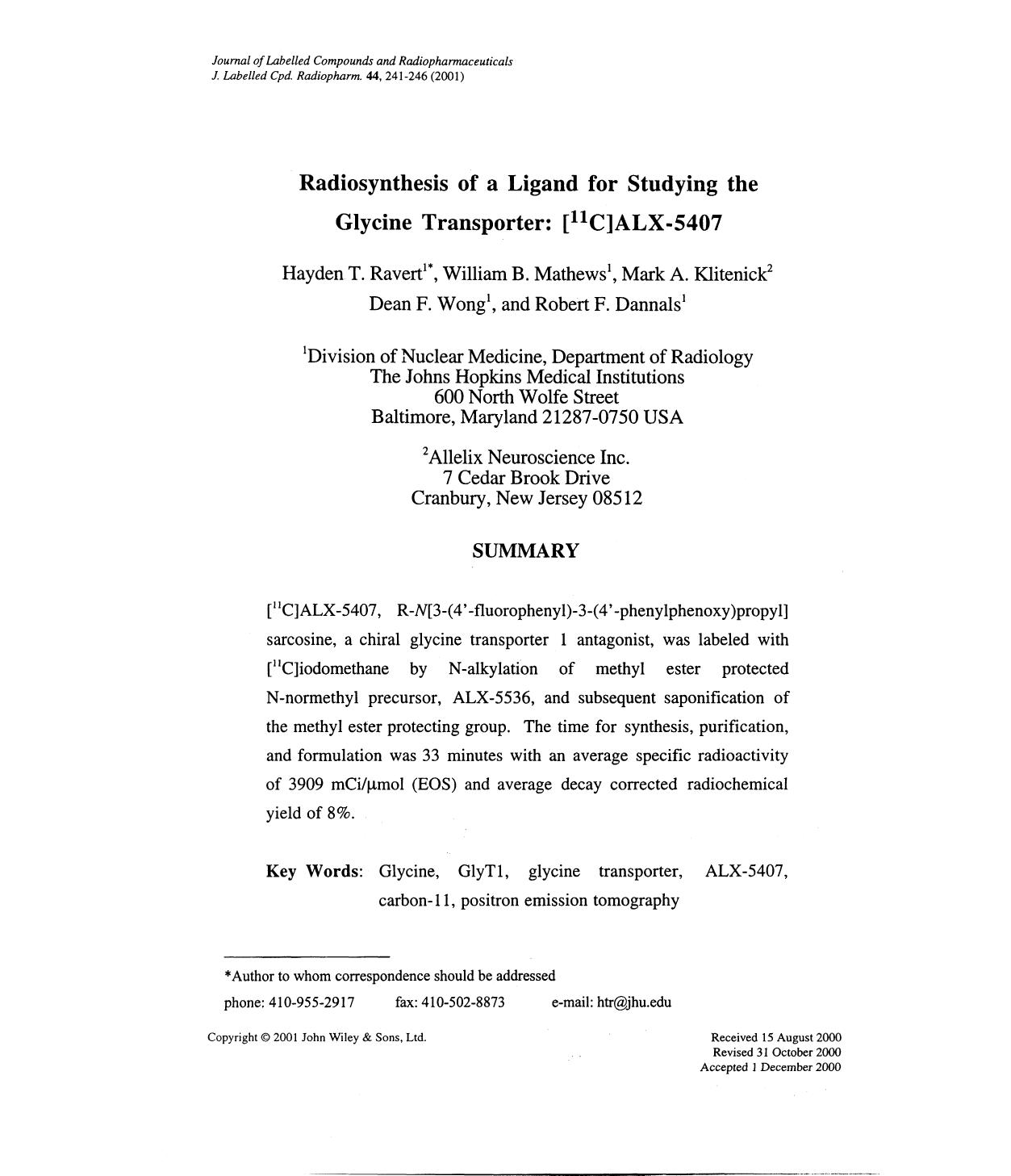 Radiosynthesis of a ligand for studying the glycine transporter: [11C]ALX-5407 by Unknown