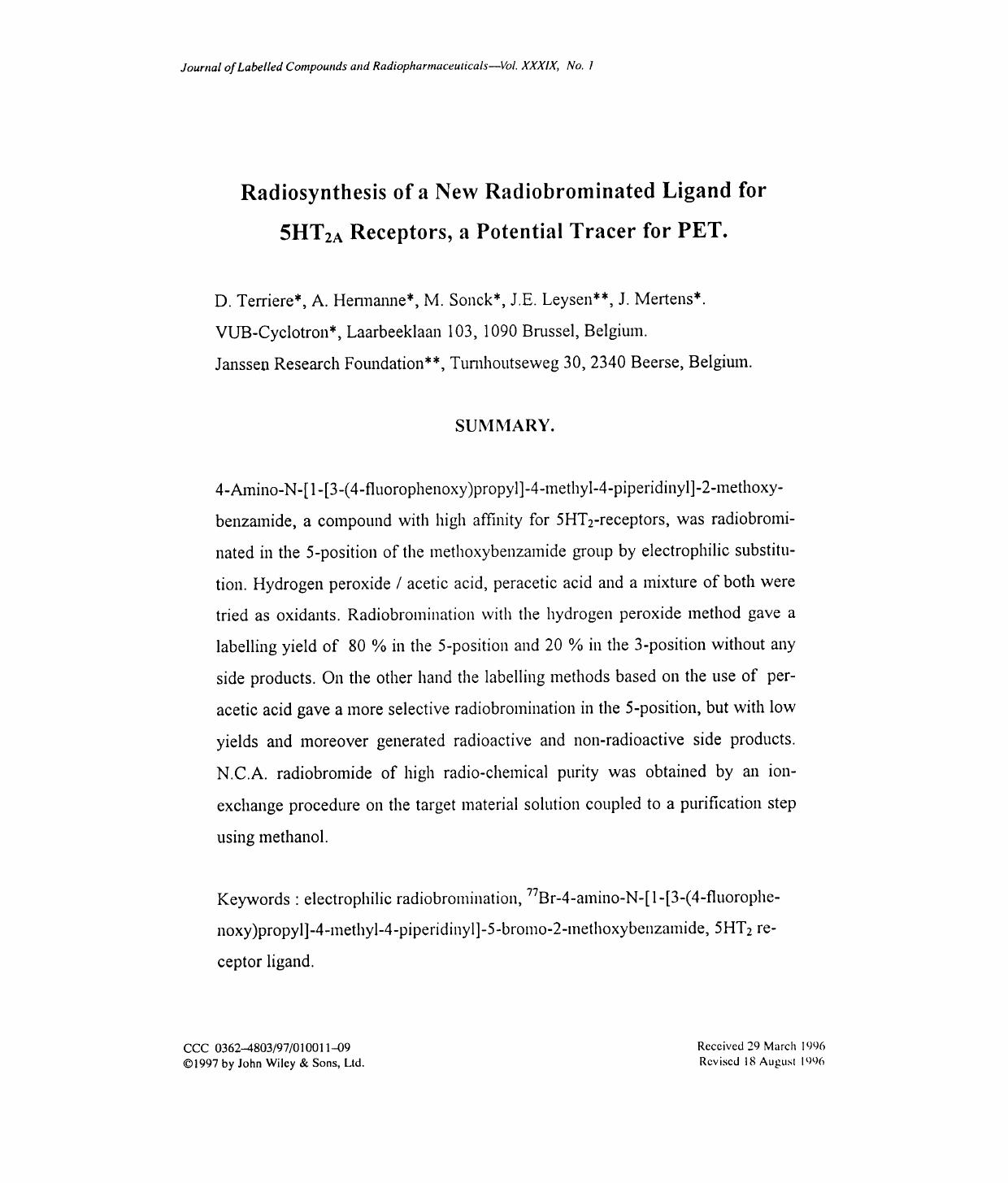 Radiosynthesis of a new radiobrominated ligand for 5HT2A receptors, a potential tracer for PET by Unknown