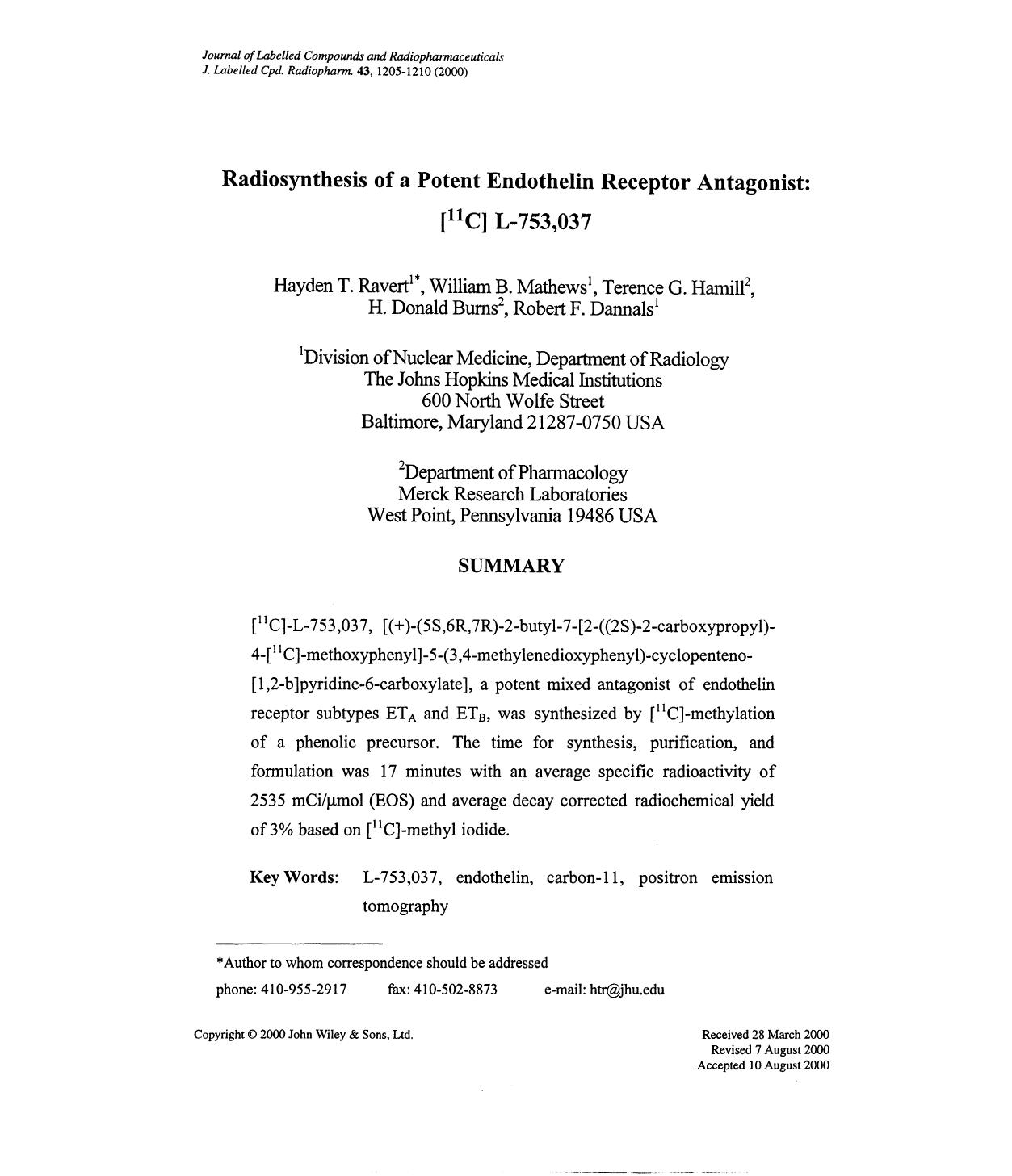 Radiosynthesis of a potent endothelin receptor antagonist: [11C] L-753,037 by Unknown