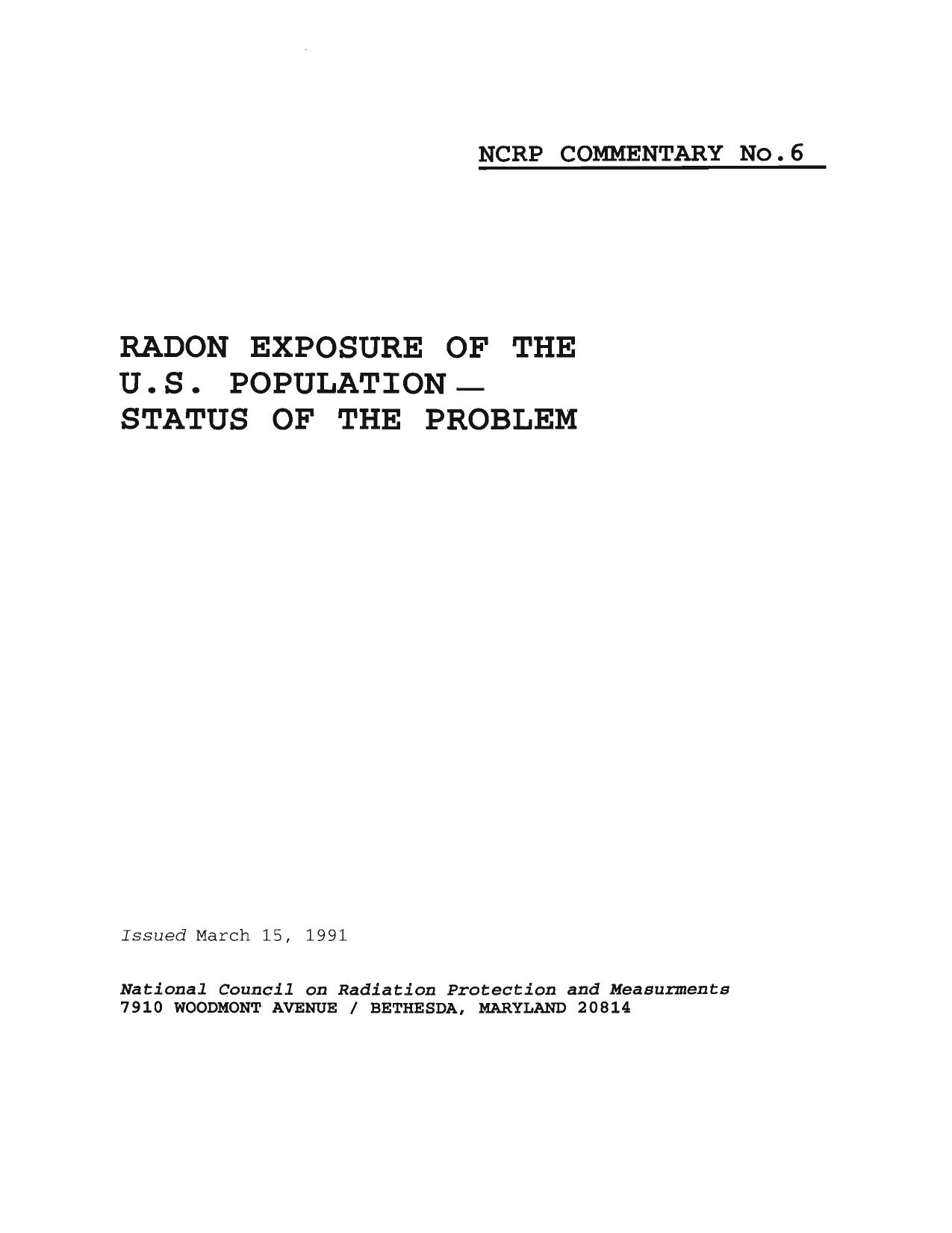 Radon Exposure of the U.S. Population-Status of the Problem by National Council on Radiation Protection and Measurements
